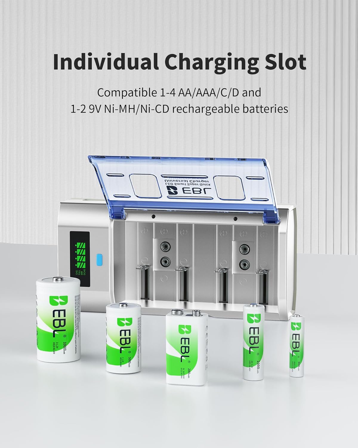 EBL 9V Universal Smart Battery Charger with Discharge Function Multi-Bay Rapid Charger for C D AA AAA Ni-MH Ni-CD