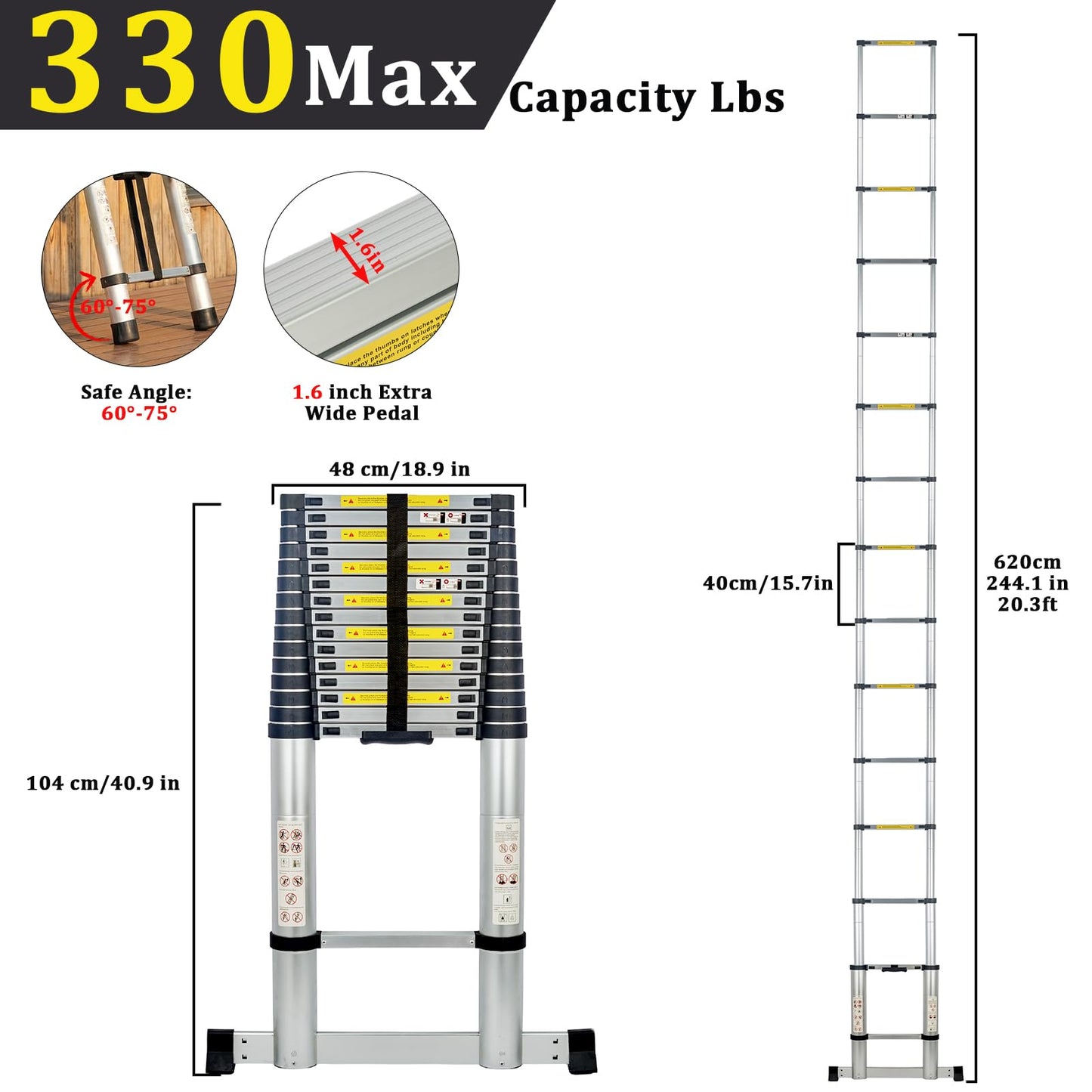 IKAYVOTO Ladder 20.3 FT | Aluminum Lightweight Extension Ladder with Stable Hooks | Heavy Duty 330lbs Max Capacity Multi-Purpose Telescopic Collapsible Ladder for Home, RV or Outdoor Work