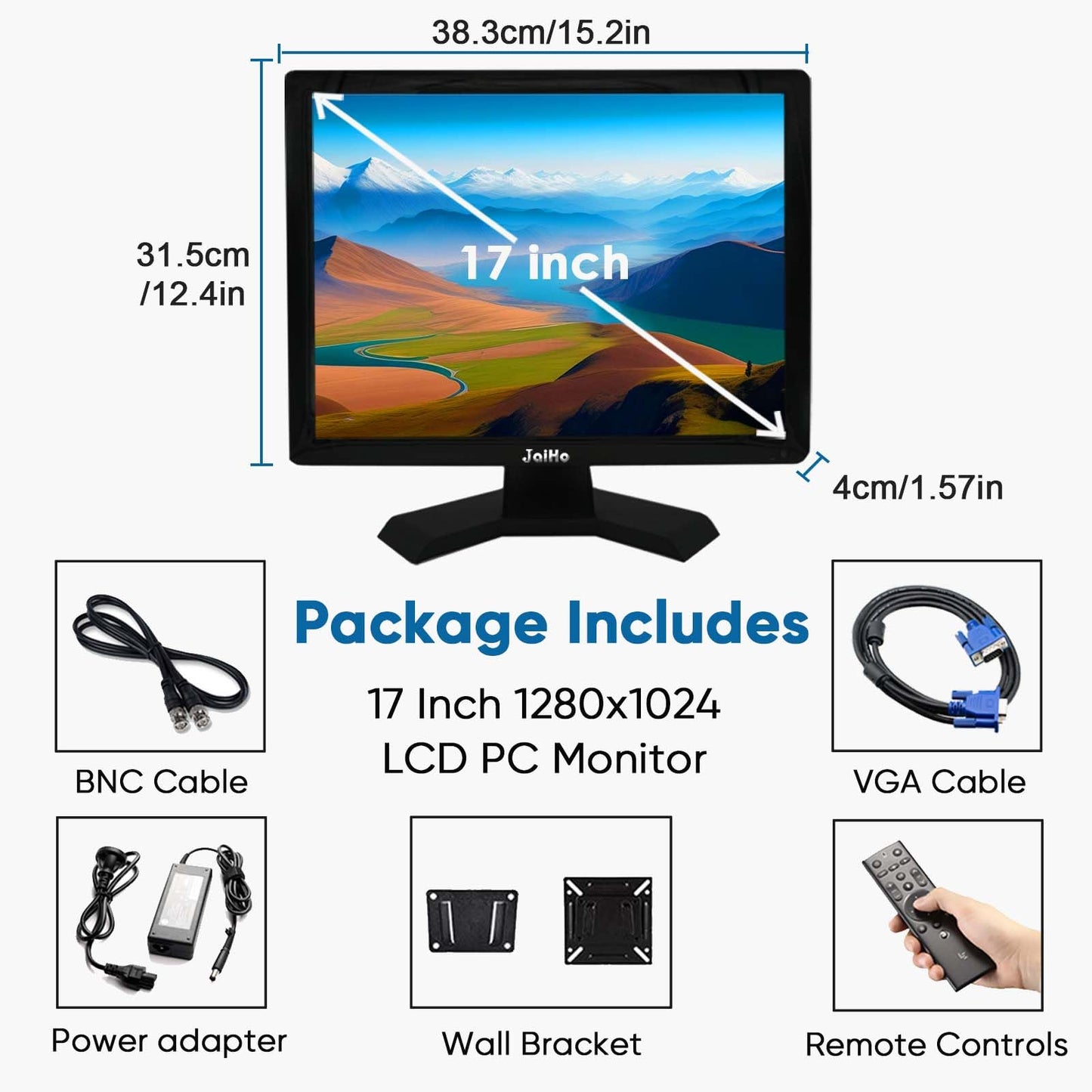 JaiHo 17-Inch 4:3 Security Monitor, 1280x1024 No Image Stretching CCTV Screen with Metal Housing, BNC HDMI VGA AV USB Input, Industrial Display with Built-in Speakers Remote Control & VESA Mount