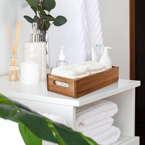 ALELION Acacia Wood Bathroom Storage Basket - Stylish Toilet Paper Organizer with Handle | Small Narrow Design for Versatile Use