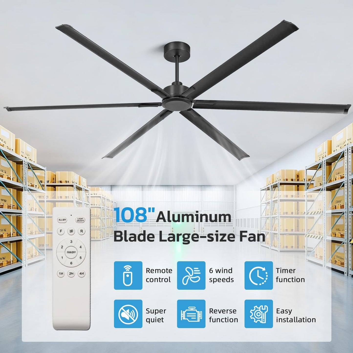 YYEHON 108 Inch Large Industrial Ceiling Fans, HVLS Commercial Black Fan with DC Reversible Motor, 6 Reversible Blades, 3 Downrods, 6-Speed Remote Control, for Shop Gym Garage Warehouse