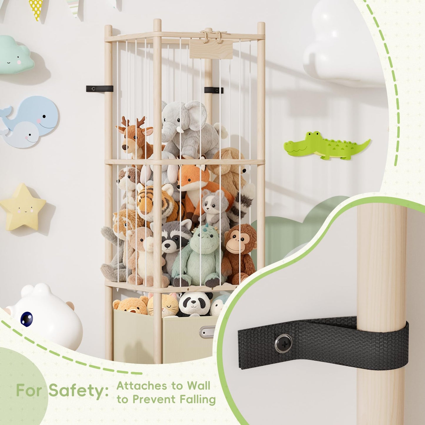 Stuffed Animal Storage Organizer - Large Wooden Toy Organizer with Drawer for Nursery, Bedroom, Kidroom, Natural Pine Material, Space-Saving