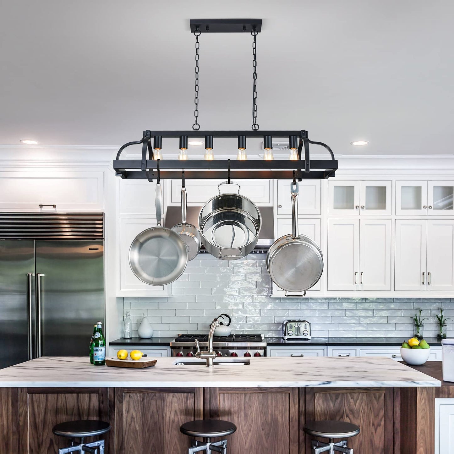 WUZUPS 6-Light Metal Pot Hanging Rack Chandelier Linear Pendant Ceiling Lighting Rustic Farmhouse Fixture Kitchen Island Dining Room, H 9.8" L 40.6" W11.8, E26 Base, Black