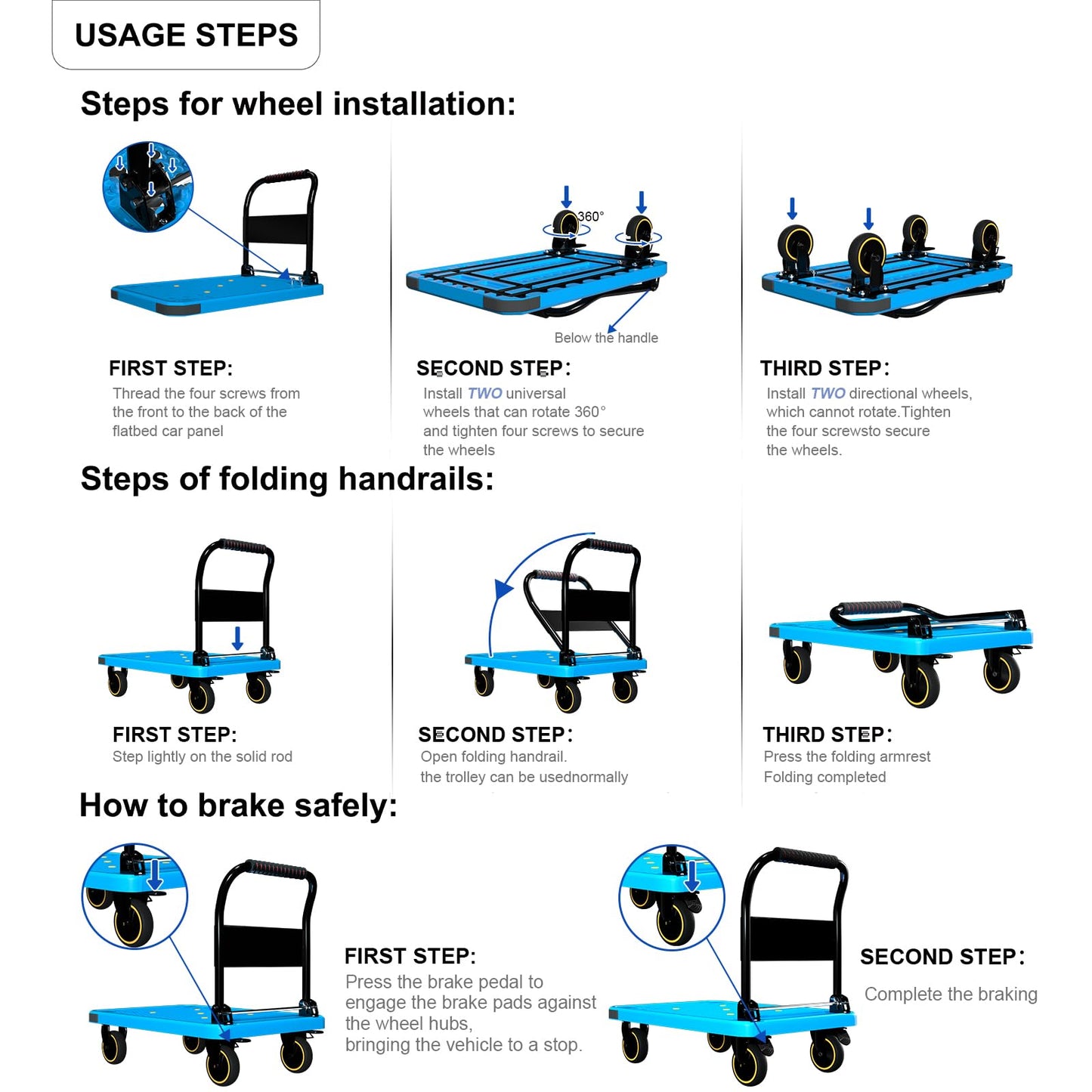 WUD Foldable Hand-Push Platform Truck with Brake, 360-Degree Swivel Wheels, 35.4”L x 23.6”W, 880 lb Load Capacity, Suitable for Luggage, Travel, Moving, Shopping, Office, Home Garden, Blue