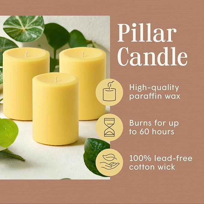 Mister Candle Citronella Candles, Ideal for Outdoor & Indoor Use, 3"x4" Yellow Pillar Candles Set of 3, Hand Poured, Premium Wax & Dripless, 60 Hour Burn Time