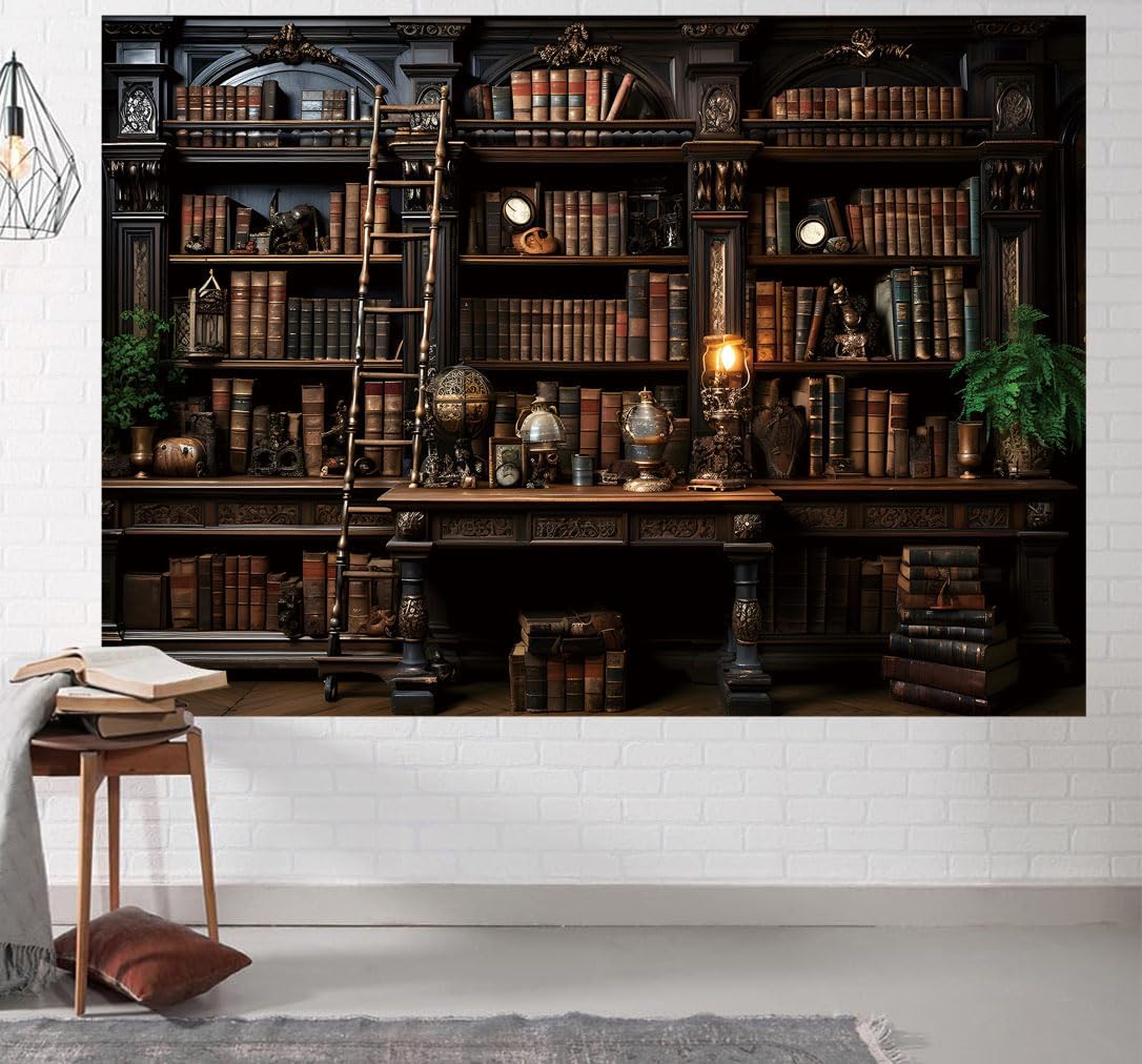 BINQOO Medieval Bookshelf Backdrop Bookcase Photography Background Bookshelf Library Backdrops Wall Hanging Dark