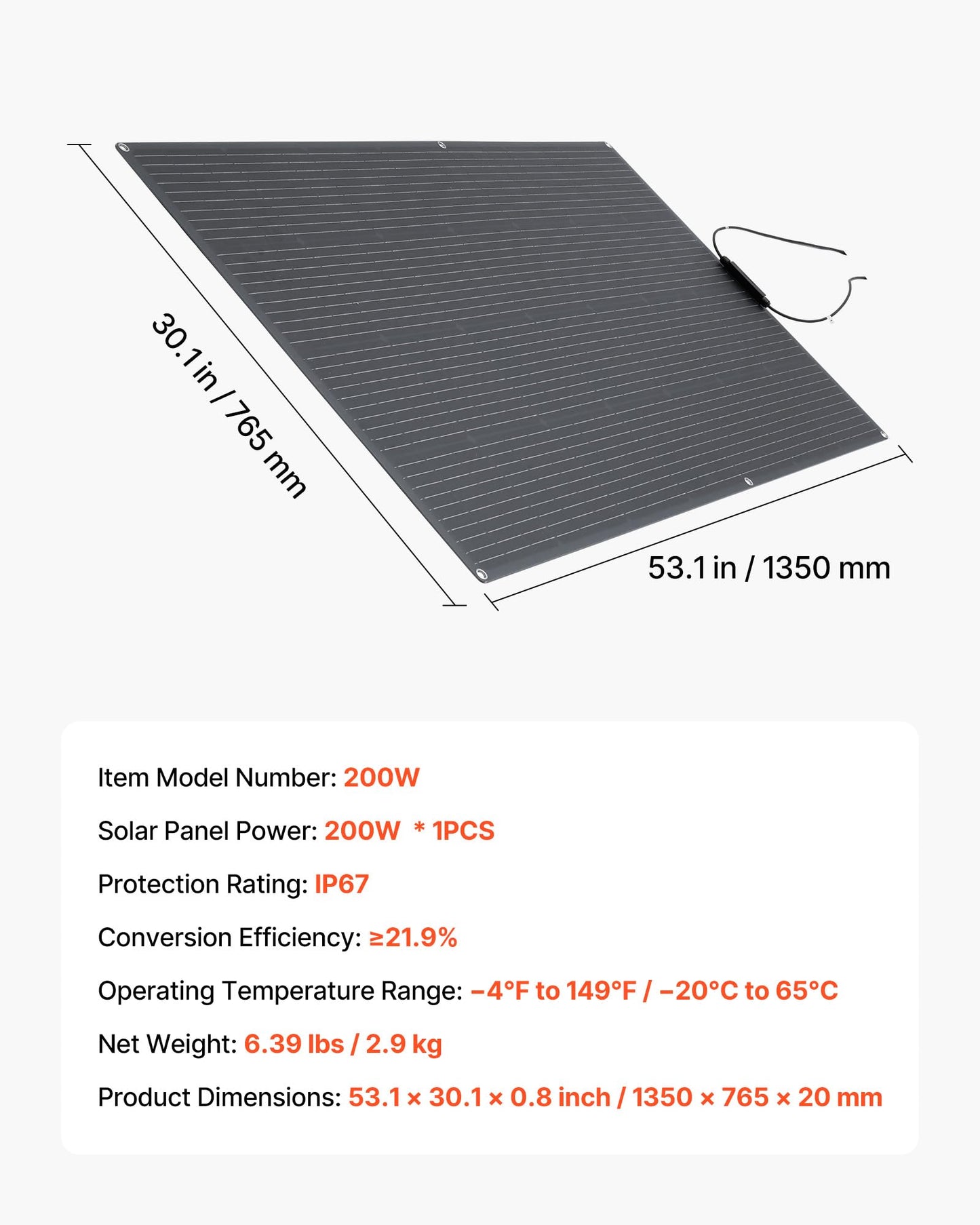 VEVOR Flexible Solar Panel, 200W Semi-Flexible Bendable Monocrystalline Solar Panel, 21.9% Efficiency Mono Off-Grid Charger with MC4 Output, IP67 Waterproof for Marine RV Car Cabin Curved Surfaces
