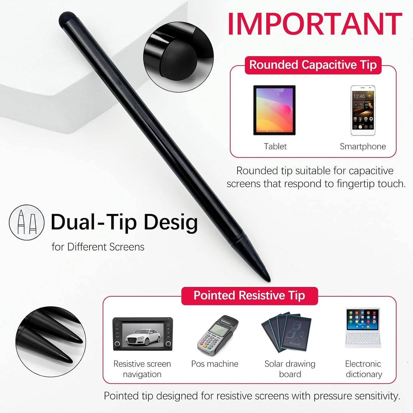 Brvlsoc 6-Pack Black Dual-Tip Stylus Pens Universal Touchscreen Stylus Compatible with iPad, Samsung Galaxy