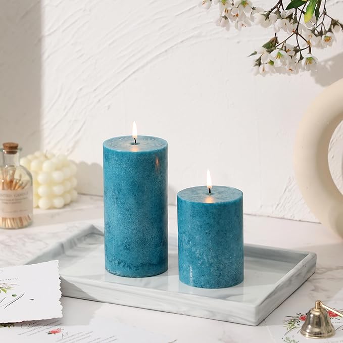3x4 inch Blue Pillar Candles Set of 3, Unscented Pillar Candle, Dripless and Smokeless Large Candles, Candle for Home Decor, Dinner Table,Weddings, Holidays