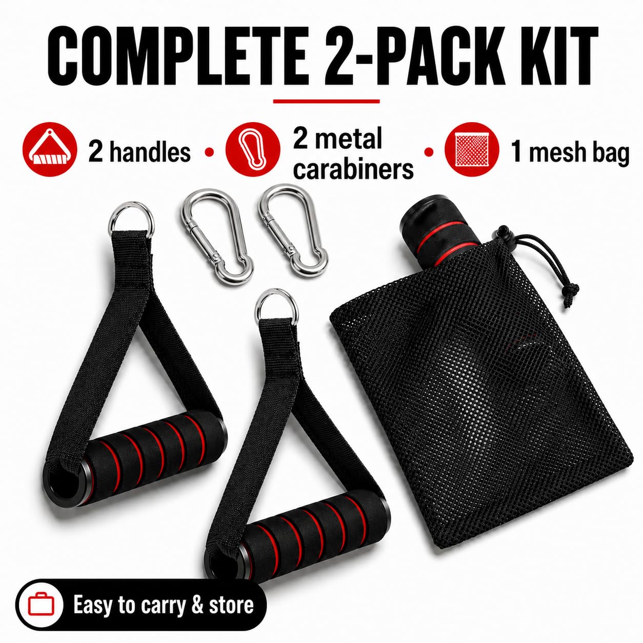 Cable Machine Handles 2 Pack, Foam Grip Exercise Handles with Carabiners and Mesh Bag for Lat Pulldown, Cable Rows, Tricep Pushdown, Resistance Bands and Home Gym Workouts
