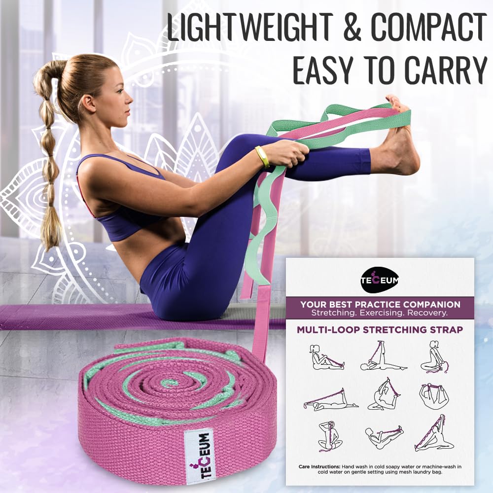 [NEW 2023] TECEUM Yoga Stretching Strap 10 Loops Non-Elastic Strap - Home Workout Stretch Strap for Physical Therapy, Yoga, Pilates cttn 1.5 in LM