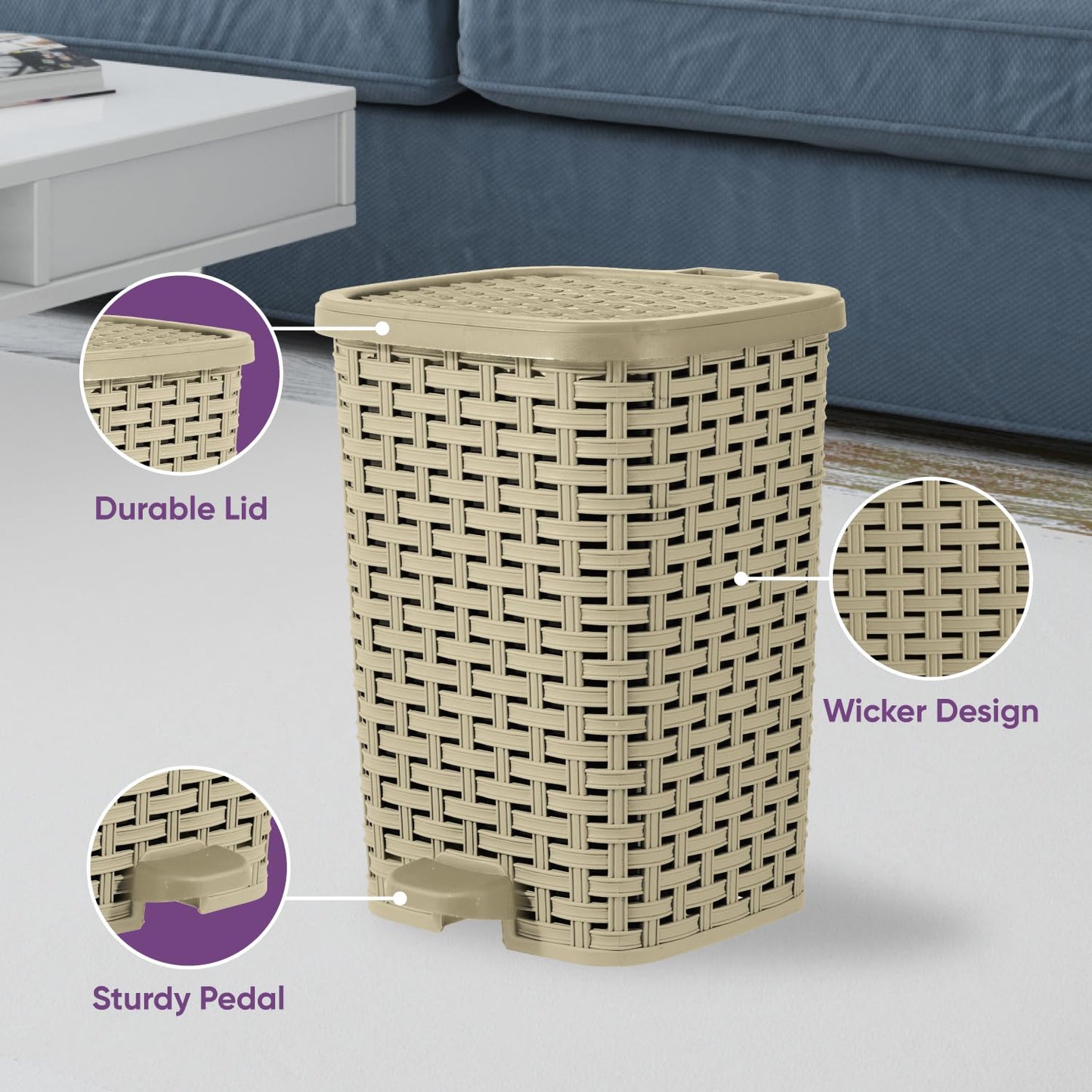 Superio Mini Trash Can with Foot Pedal Small Outdoor Garbage Can with Lid, 3 Gallon Plastic Waste Basket for Bathroom, Bedroom, Kitchen, Office, Patio (Wicker Beige 12 QT.)