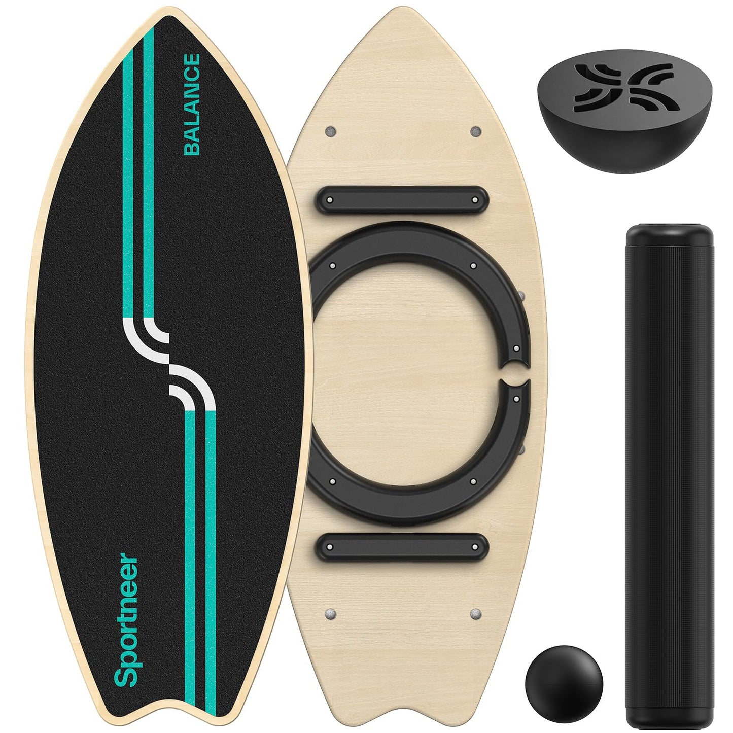 Sportneer Balance Board Upgrade – 8-in-1 Wooden Wobble Board with Roller, Rubber Ball & Half Ball, Balance Trainer for Adults, Core Strength & Physical Therapy Equipment 450 LBS