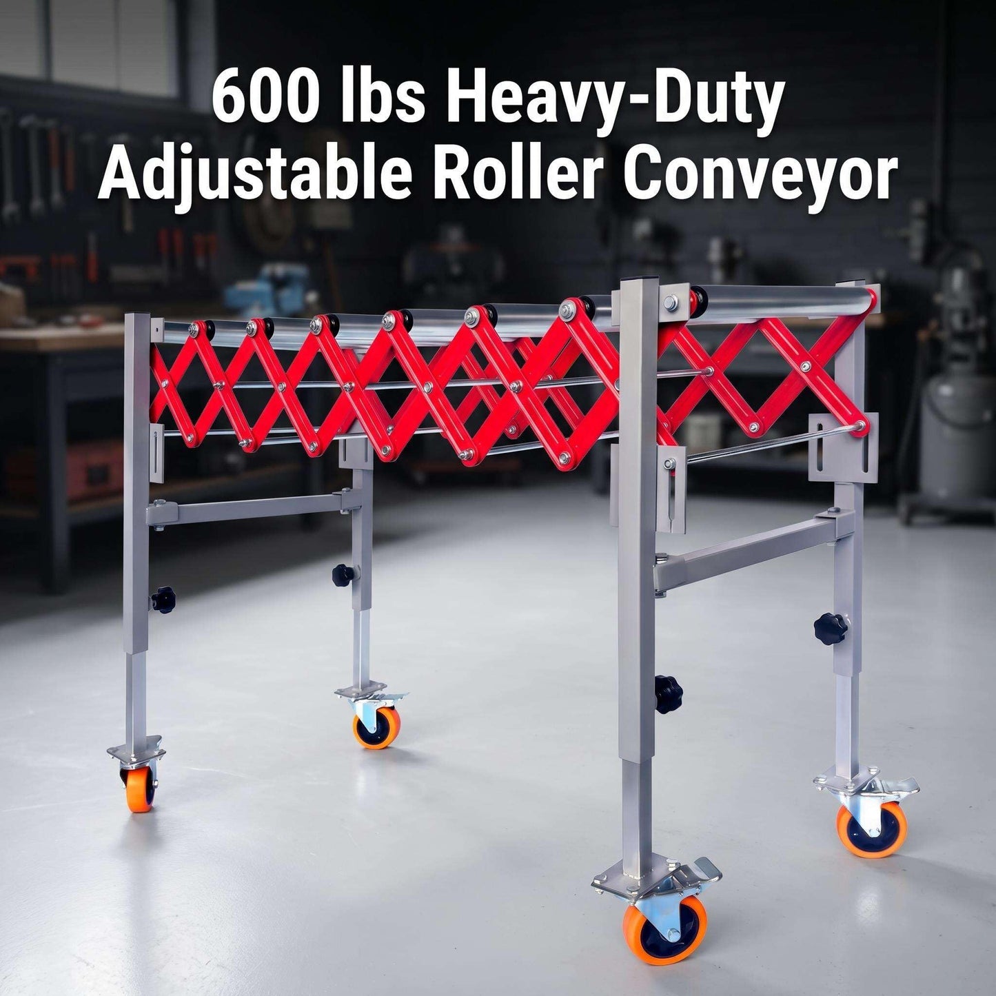 Expandable Roller Conveyor for Warehouse Packing, Adjustable Height 27.5''-43'' with Wheels, 13.7''-47'' Retractable Length, 600 lbs Capacity Roller Conveyor and Roller Conveyor Transfer Stand