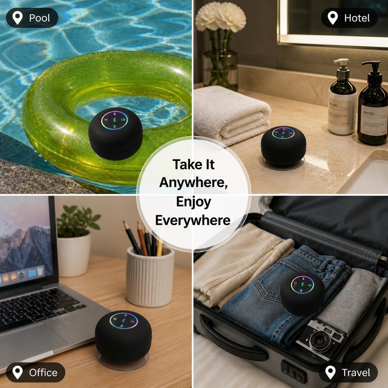 Luzsco IPX4 Bluetooth Shower Speaker with LED Portable Wireless Mini Speaker with Mic & Suction Cup, Water Resistant