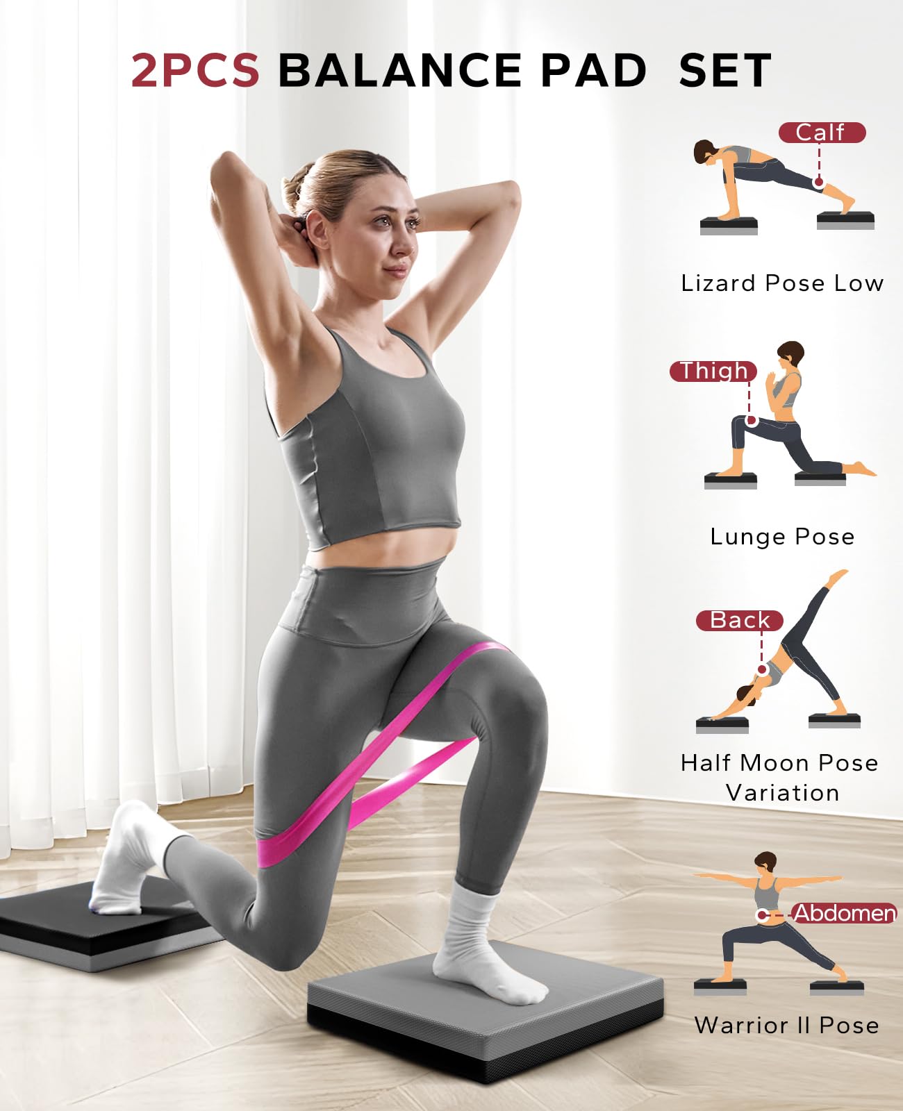 HAPBEAR Exercise Balance Pad 2-Pack - 15"x12" Non-Slip Stability Mats - 2.25" Thick Soft Foam for Adults, Physical Therapy & Core Fitness - Bonus Band Included - Black