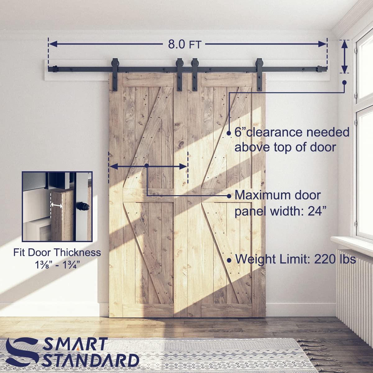 SMARTSTANDARD 8 FT Double Barn Door Hardware Kit, Sliding Door Track-Smoothly and Quietly -Includes Detailed Installation Fit 24" Wide Doorpanel (J Shape Hanger) Black