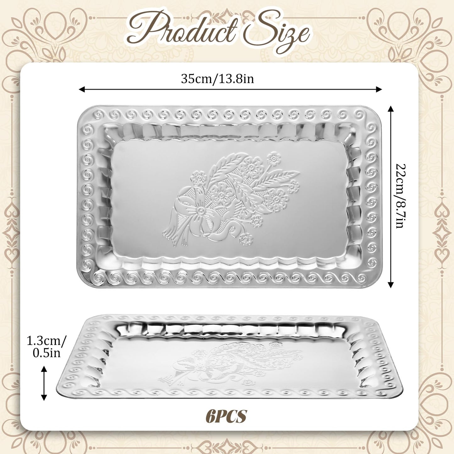 6 Pcs Silver Serving Trays, 13.8" x 8.7" Stainless Steel Rectangle Serving Tray, Decorative Silver Plates, Swirl Floral Engraved Tray, Metal Sizzler Plates for Coffee Table, Bar, Party, Club, Home