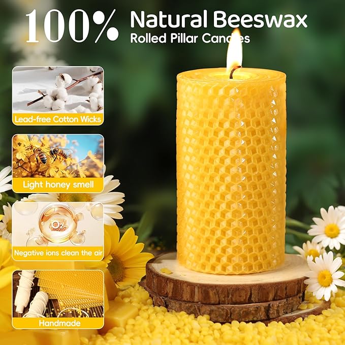 3 Pack Natural Beeswax Pillar Candles,Handmade Pure Beeswax Rolled Candle-60 Hours Long Burning,Honeycomb Bees Wax Candles for Home, Prayer,Dripless Smokeless Unscented Pillar Candle 2x4in