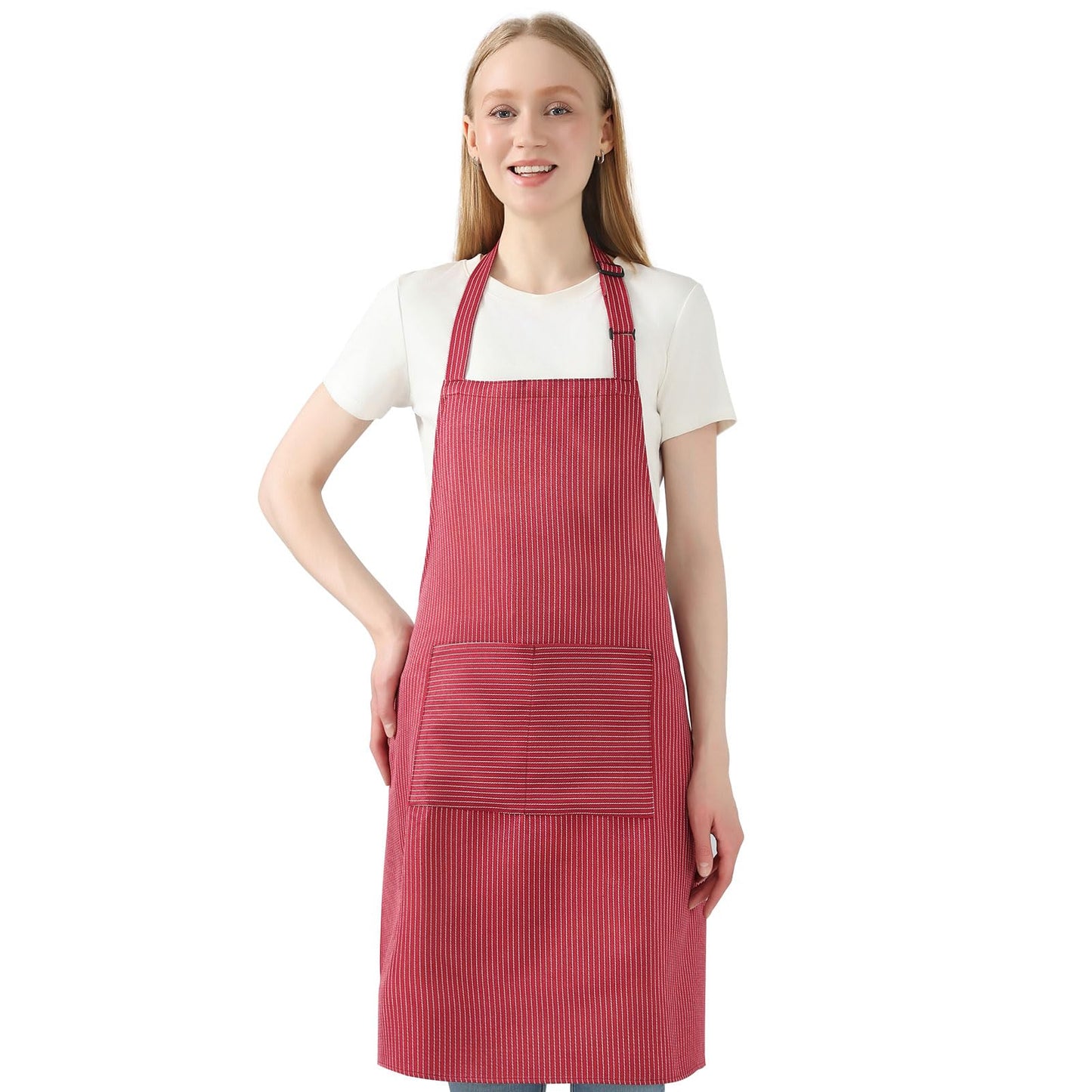juningxin Red polyester-cotton blend apron, adjustable with 2 pockets, unisex, suitable for cooking and kitchen use (Red)