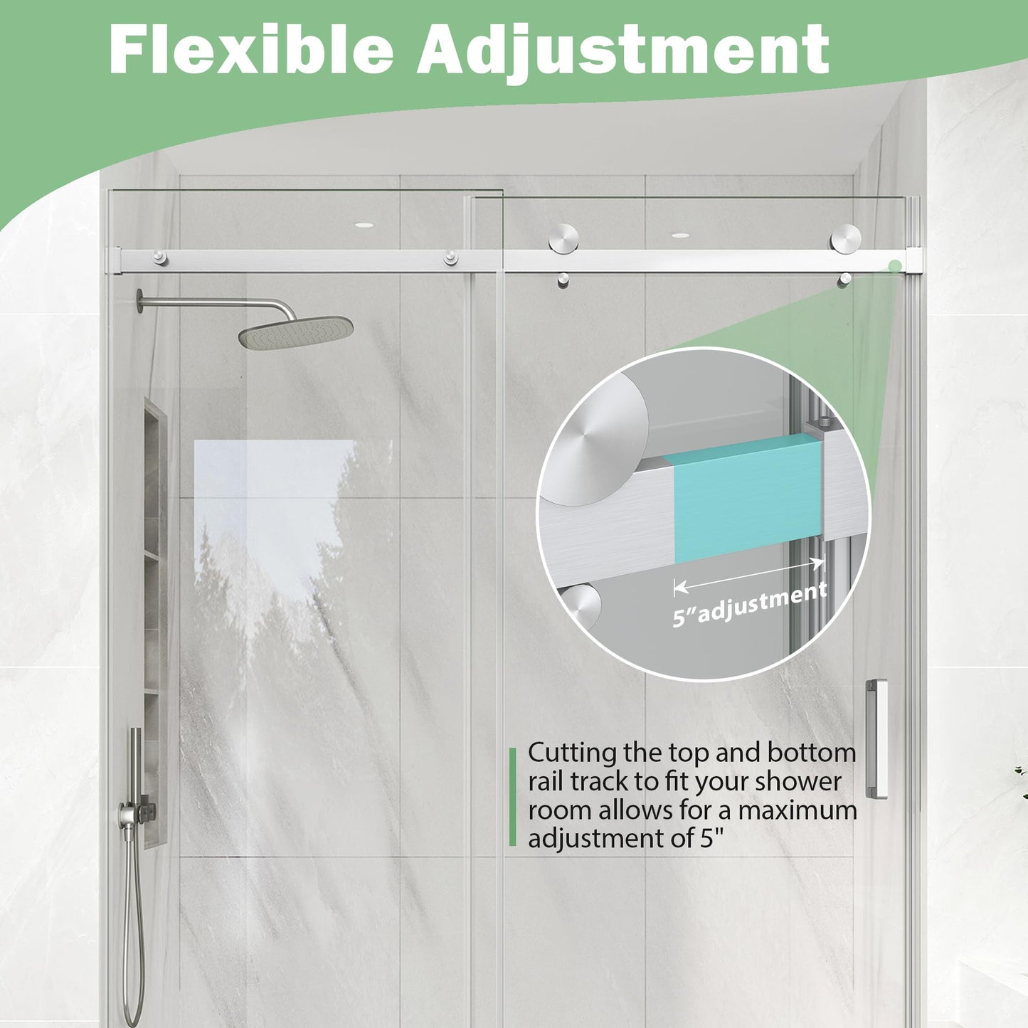 KPUY Frameless Shower Door, 55-60" W x 76" H Sliding Glass Shower Door, 1/4" (6mm) Thick Tempered Clear Glass with Explosion-Proof Film Nano Coating, Brushed Nickle