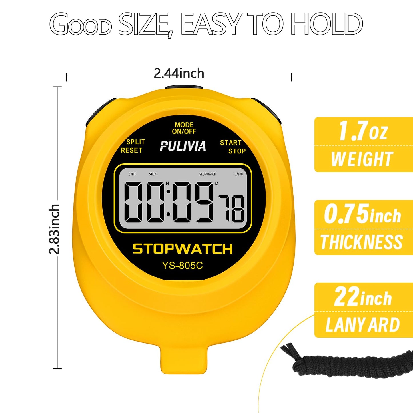 PULIVIA Stopwatch Timer with Countdown, Simple Operation Digital Stop Watch for Sports, Countdown-Alarm Button-Sound, AAA Battery Included (Yellow)