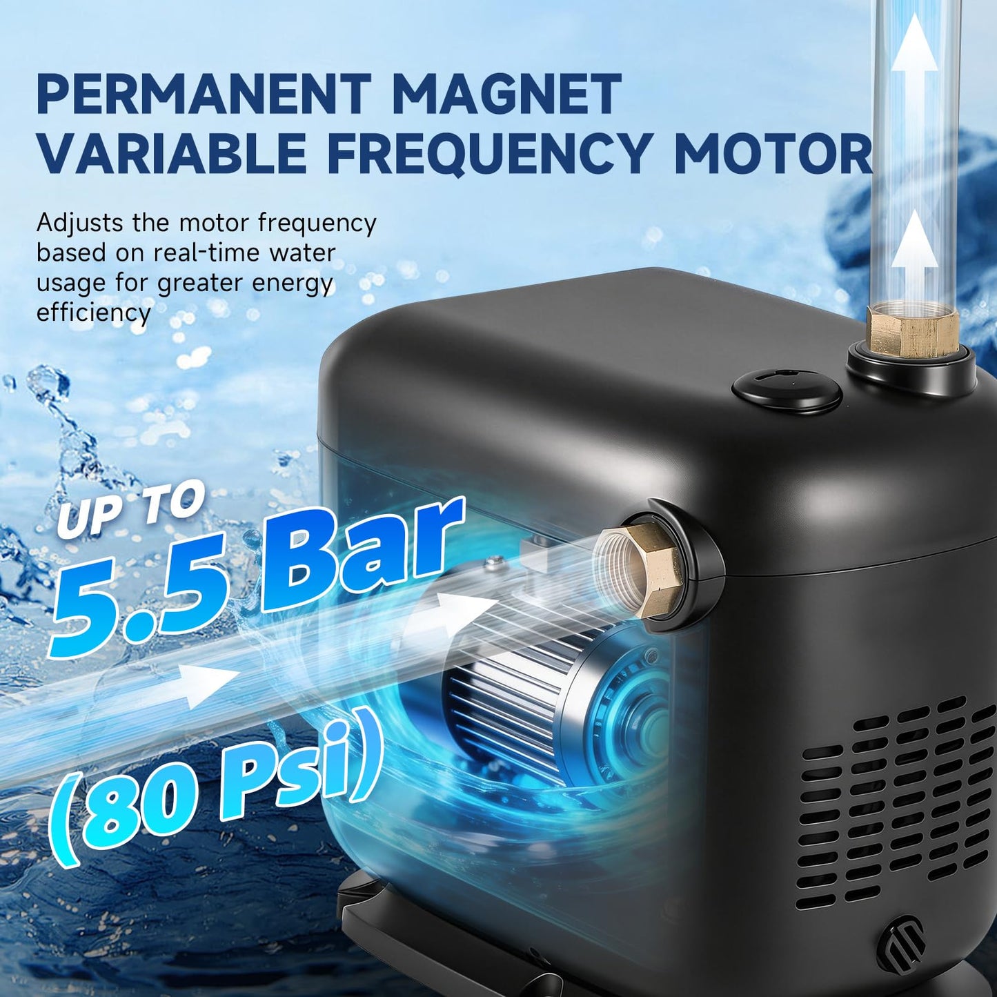 Hanchen Whole House Water Pressure Booster Pump, Adjustable Pressure, Variable Speed, Self-Priming, Built-in Check Valve for Home, Shallow Well, Shower, Garden