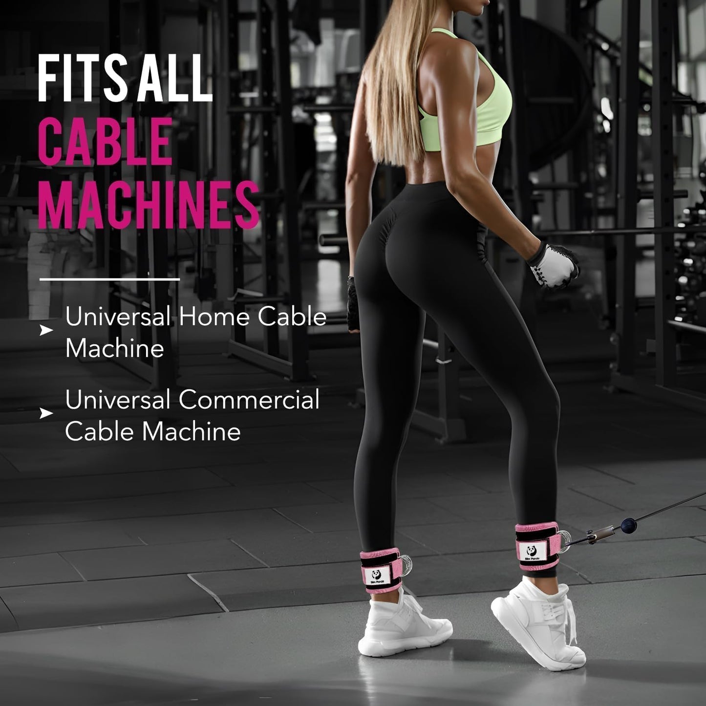 Slim Panda Ankle Strap for Cable Machine,Ankle Cuff for Kickbacks, Booty Hip Abductors,Glute Workouts, Leg Extensions, Curls for Men and Women, Adjustable with Double D-Rings (Pair, Pink)