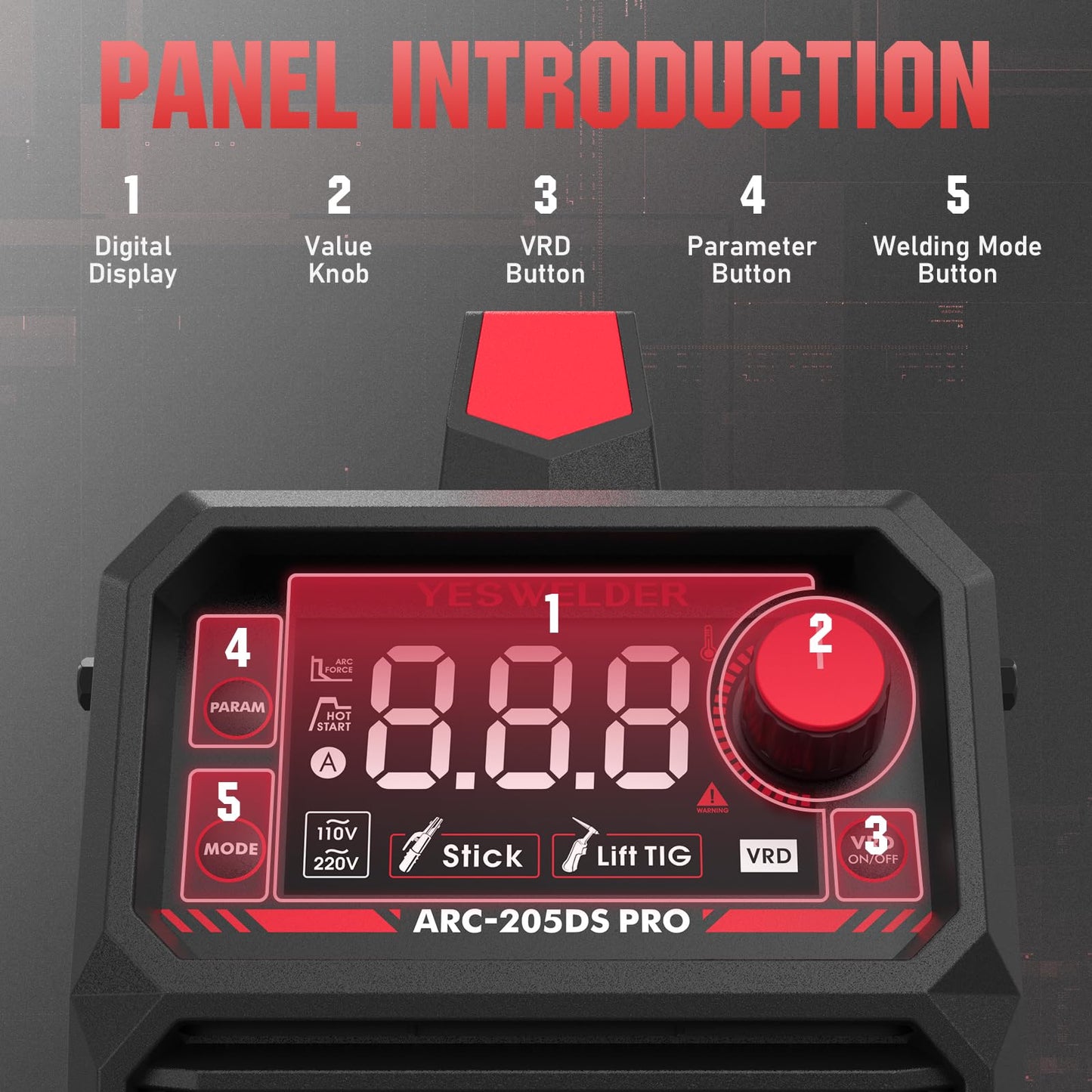 YESWELDER Stick Welder 205Amp Large LED Display Digital Inverter IGBT Welding Machine & Large Viewing True Color Solar Powered Auto Darkening Welding Helmet with Side View