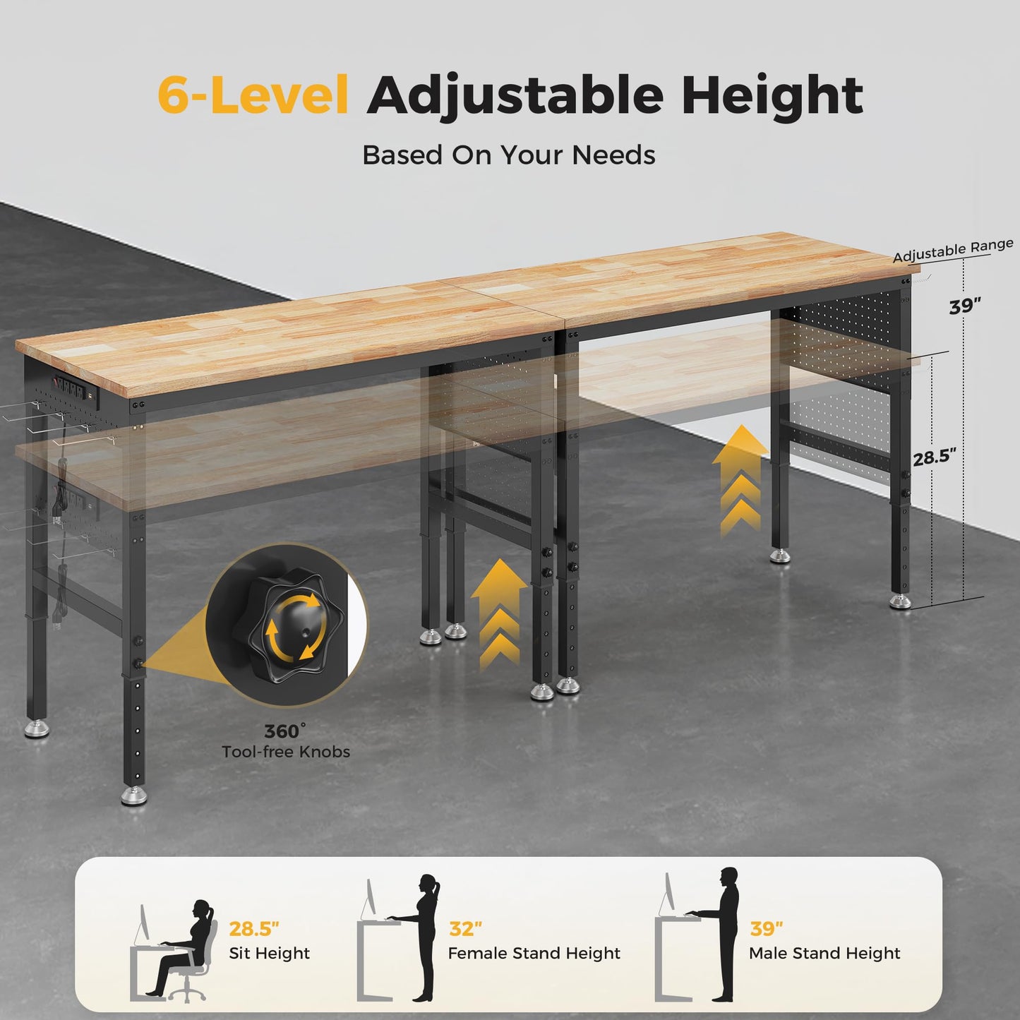 CAMMOO 96" Adjustable Heavy Duty Workbench, 2000 LBS Load Capacity Rubber Wood Work Table with Pegboard, Power Outlets, Work Bench for Garage, Workshop, Office, Home, Commercial, Ships in 2 Boxes