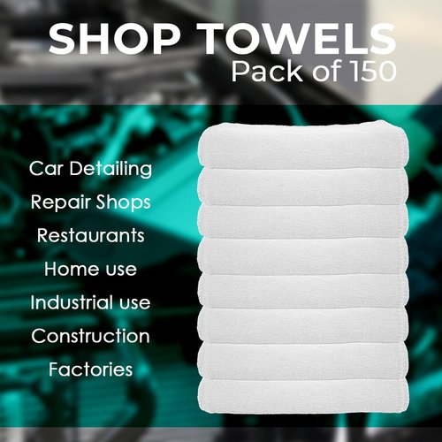 Avalon Towels Cotton Shop Rags – (Pack of 150) Size 12x14 Inches Cleaning Rags – Absorbent Shop Towels and Multipurpose Cleaning Towels for Automobiles, Industries, Garage and Homes (White)