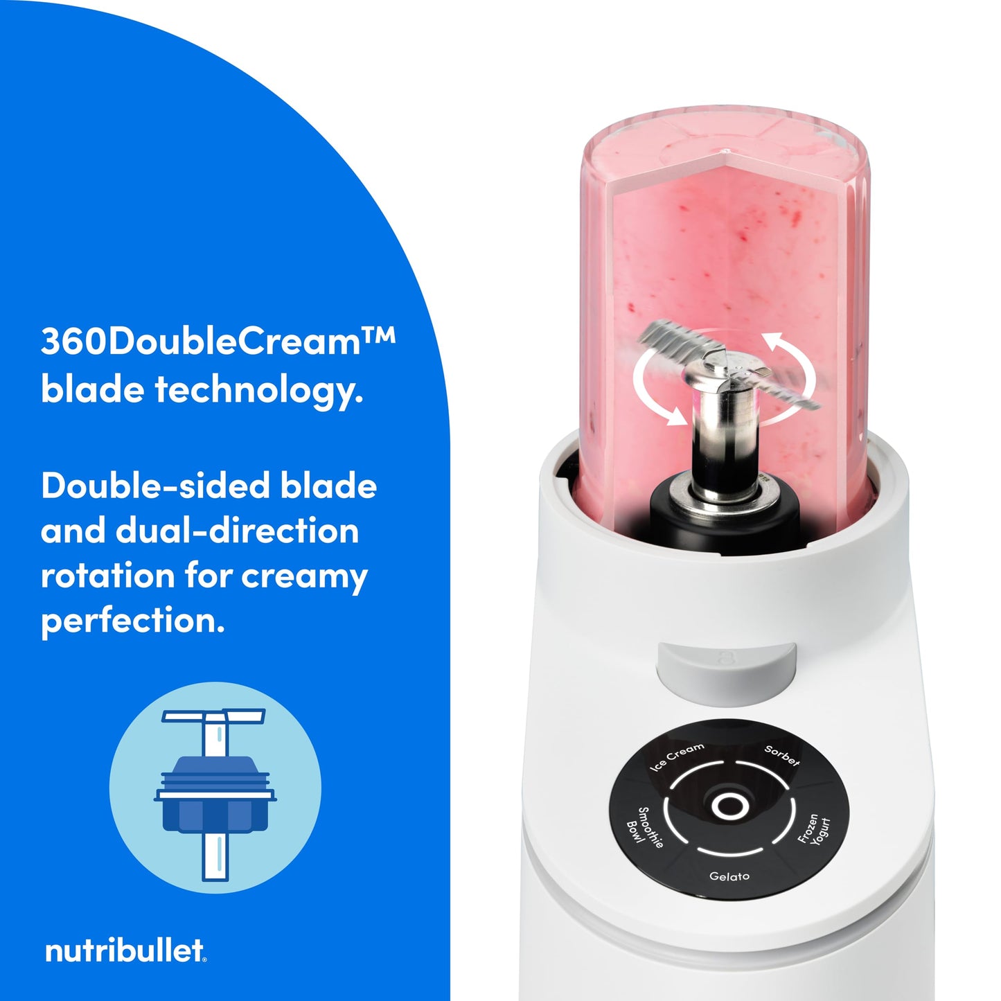 nutribullet Chill Ice Cream Maker, for Gelato, Sorbet, Frozen Yogurt, Smoothie Bowls, Compact Size, (2) Dishwasher Safe 16 oz. Pint Cups with Lids, White, NBD50100AW