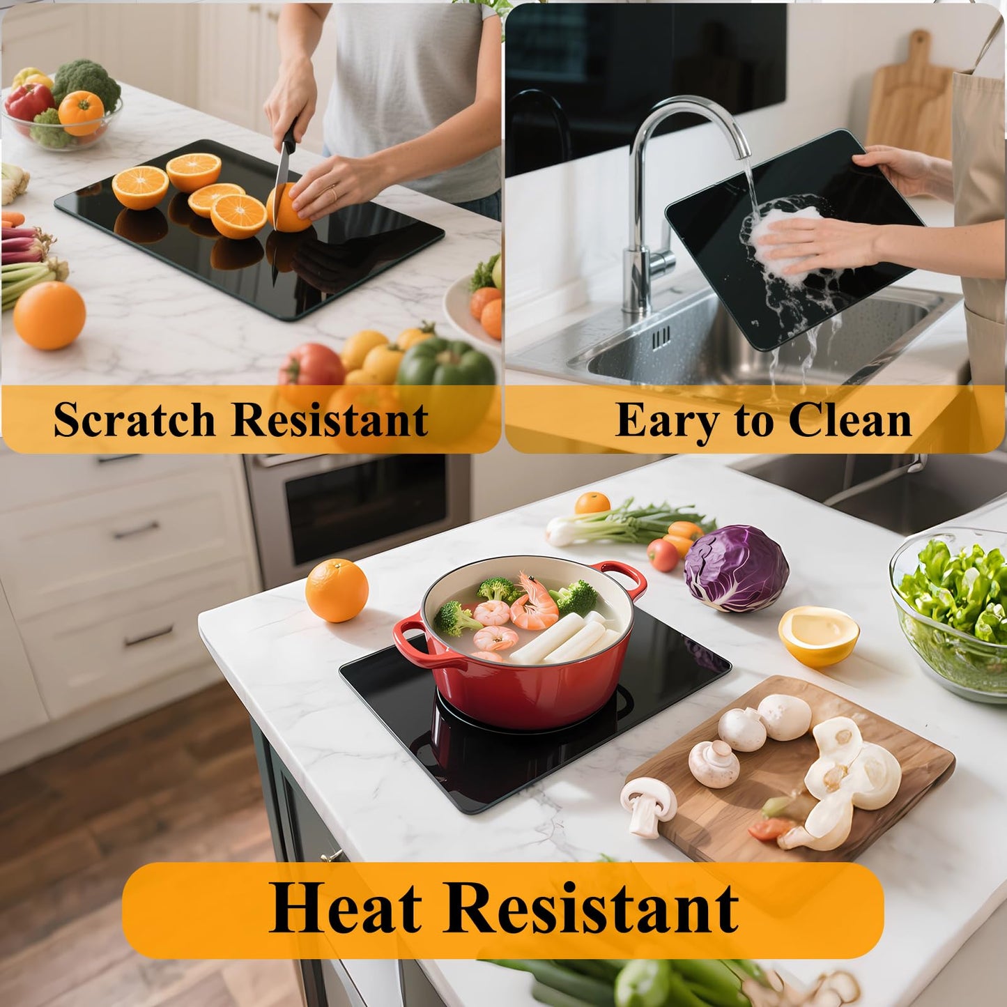 Tempered Glass Cutting Board for Kitchen, 12 x 16 Inch Cutting Board with Non-Slip Feet for Countertop, Dishwasher Safe, Rounded Corner Board, Shatter, Heat & Scratch Resistant-Black
