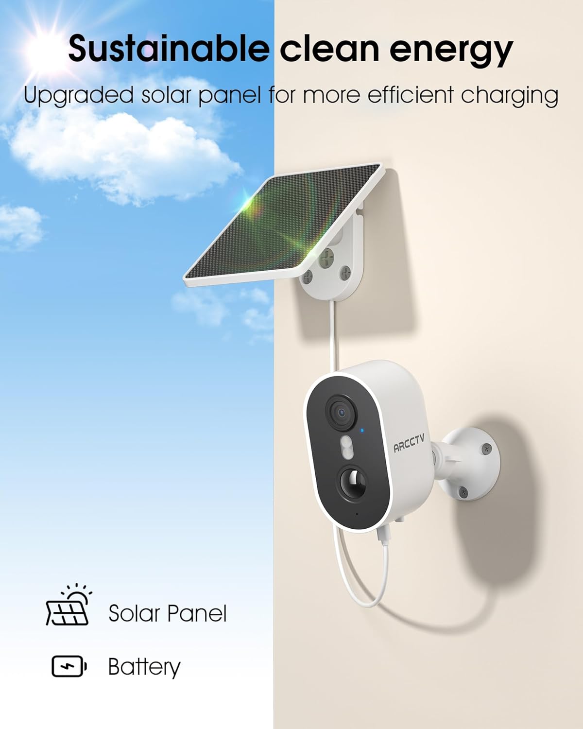 ARCCTV 4MP 2-Way-Audio, 2.4G/5G Security Camera Wireless Outdoor, Recharge Battery Powered WiFi Camera with Solar