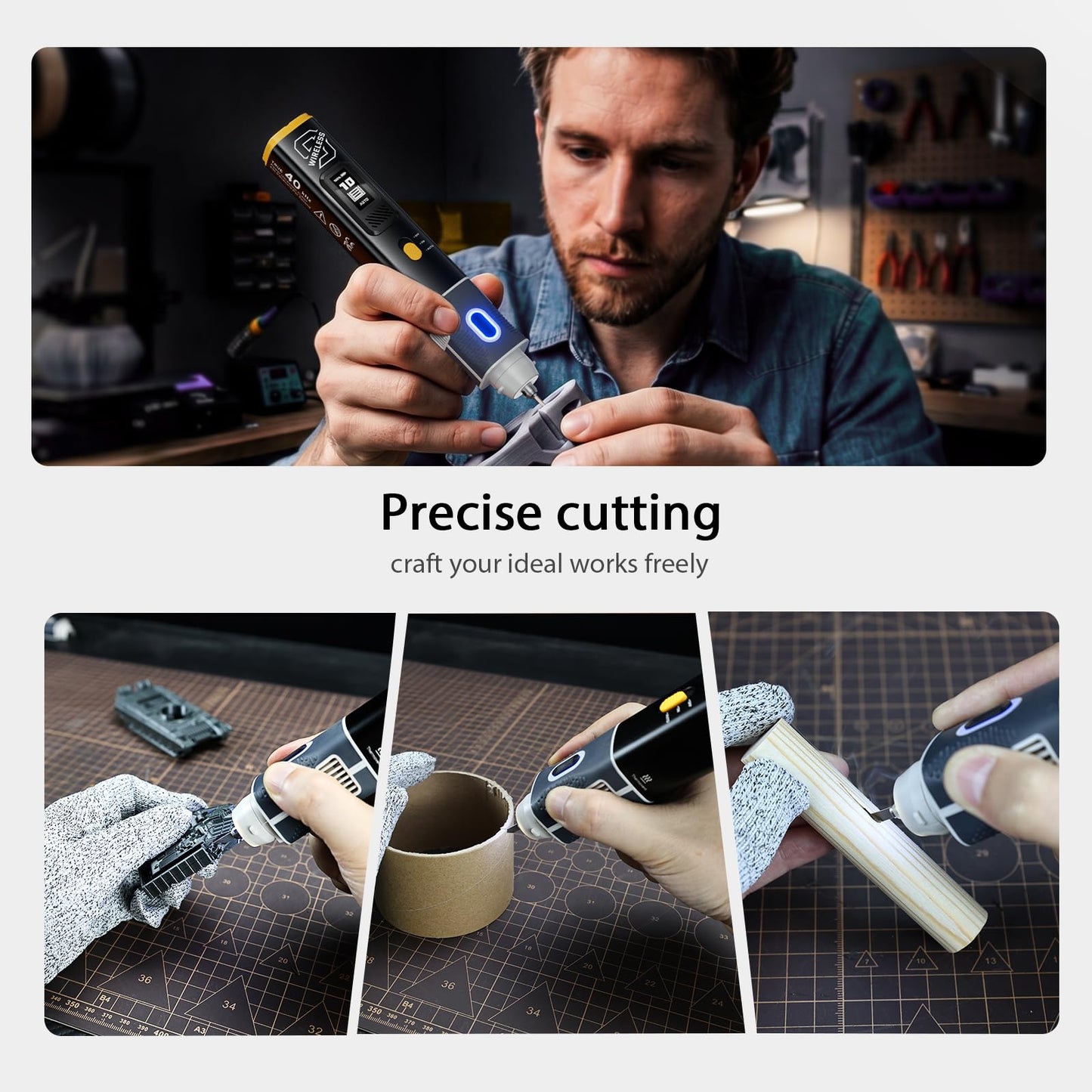 2-in-1 wireless ultrasonic cutter, 40kHz, 30W high power, 1000mAh battery, with AC adapter and USB cable. Features cooling system, smart start-stop and LCD display, can cut a variety of materials.