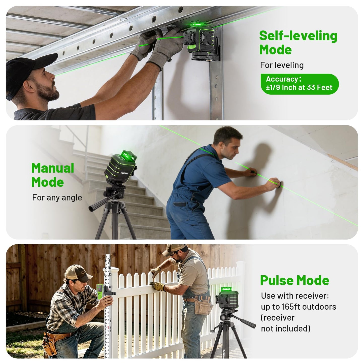 Huepar 360 Laser Level with Tripod, 60-Inch Drop Protection Self-Leveling Green Lazer Leveler Tool for Picture Hanging, Pulse Mode Adjustable Brightness, Hard Case, Green Glasses & Target Plate