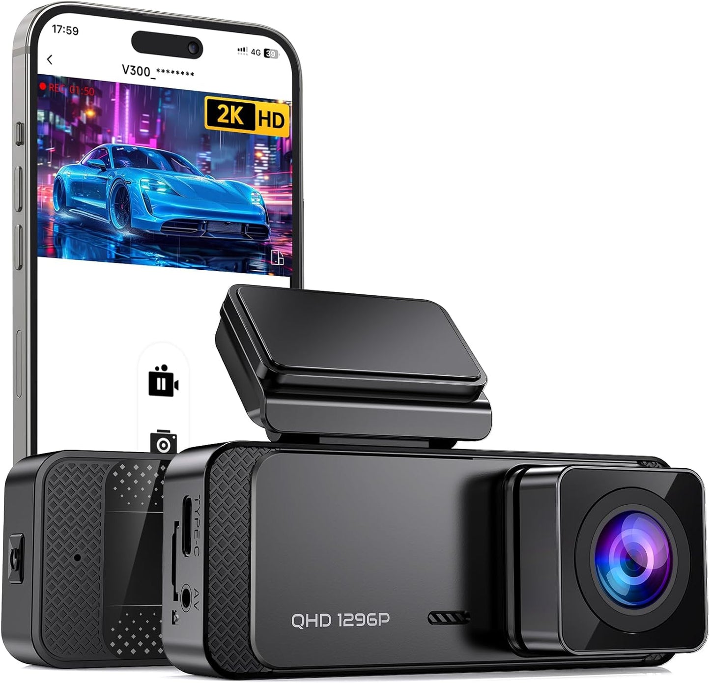 Veement 1296P V300 24H 256GB Dash Cam Front Dashcam, WiFi Dash Camera for Cars with App, Night Vision, Mini Hidden