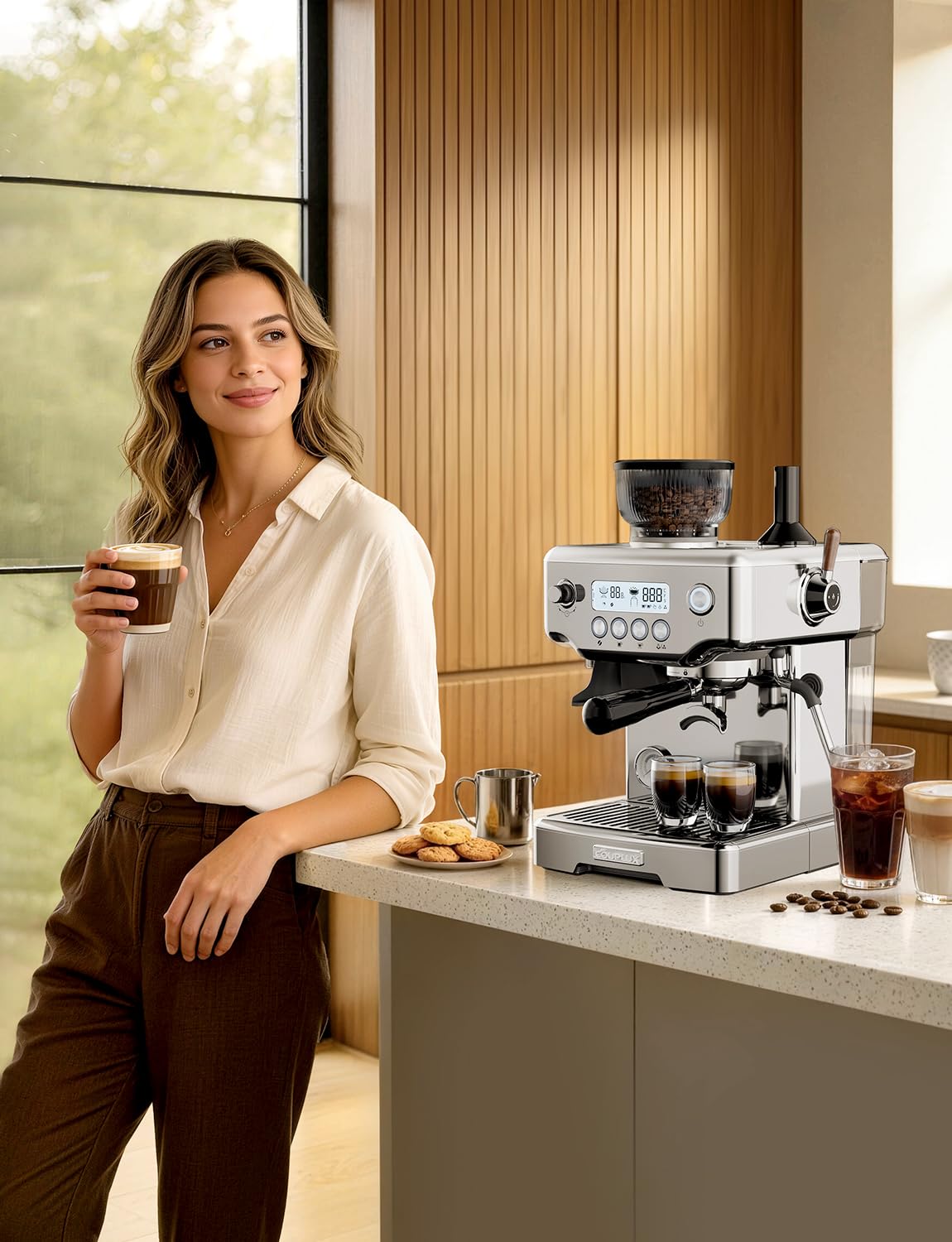 COUPLUX Espresso Machine with Grinder, 205℉ MAX Temp Control Expresso Coffee Machines 58MM Professional 15 Bar Espresso Maker with Milk Frother Steam Wand Perfect Americano Cappuccino & Latte for Home