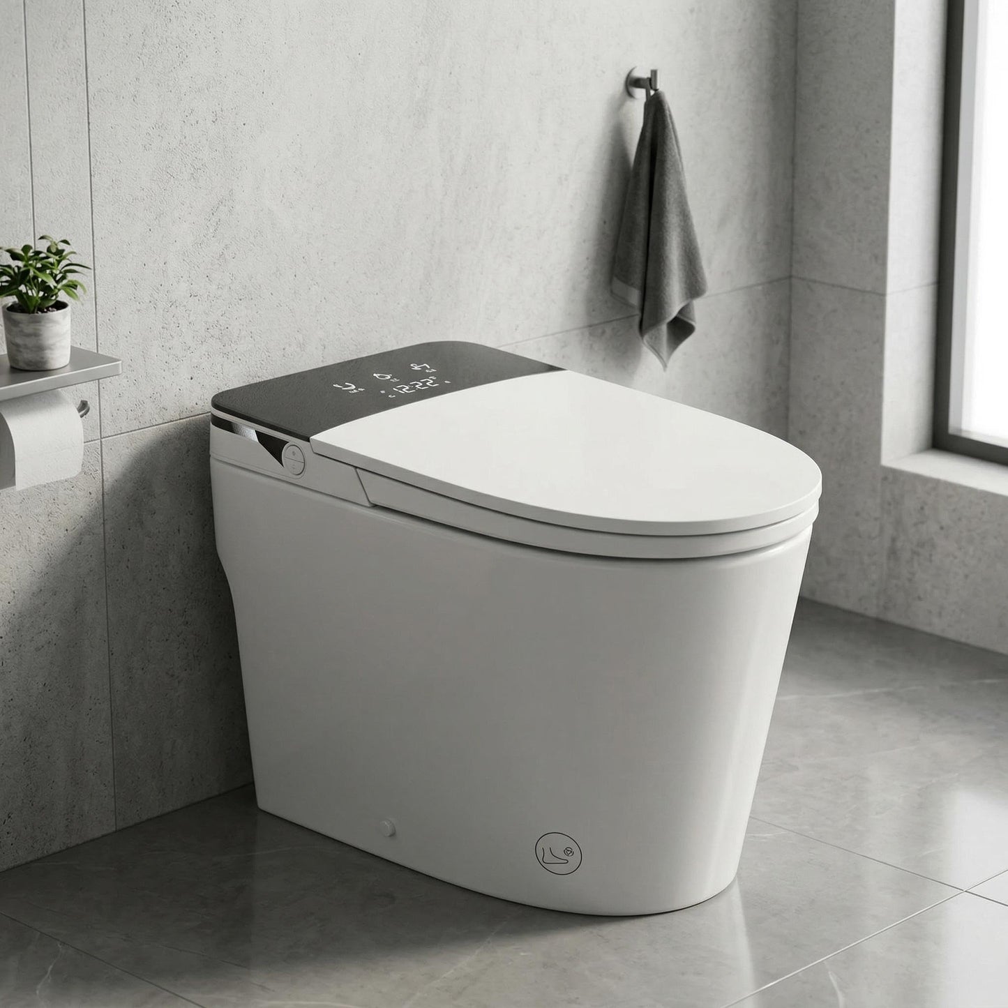 Smart Toilet with Bidet, Manual Lid, Auto Flush, Heated Seat, Instant Warm Water Wash, Feminine Wash, Foot Sensor Flush, Low Pressure Tank Pump, Black Temp Display, LED Night Light