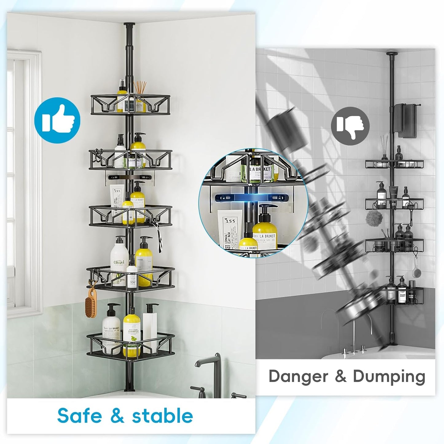 Skycarper 5-Tier Adjustable Corner Shower Caddy - Rustproof Tension Pole, 62-116 Inch, Black