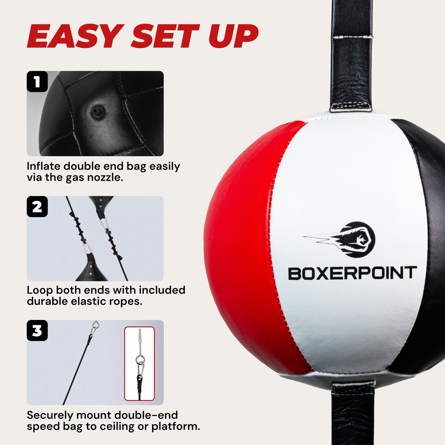 Boxerpoint Double End Boxing Bag - Small 7x7 in Red/White/Black - Birthday Gift Speed Training with Speed Punching Bag Platform & Boxing Reflex Ball - Training Station for Adults - Gym Equipment