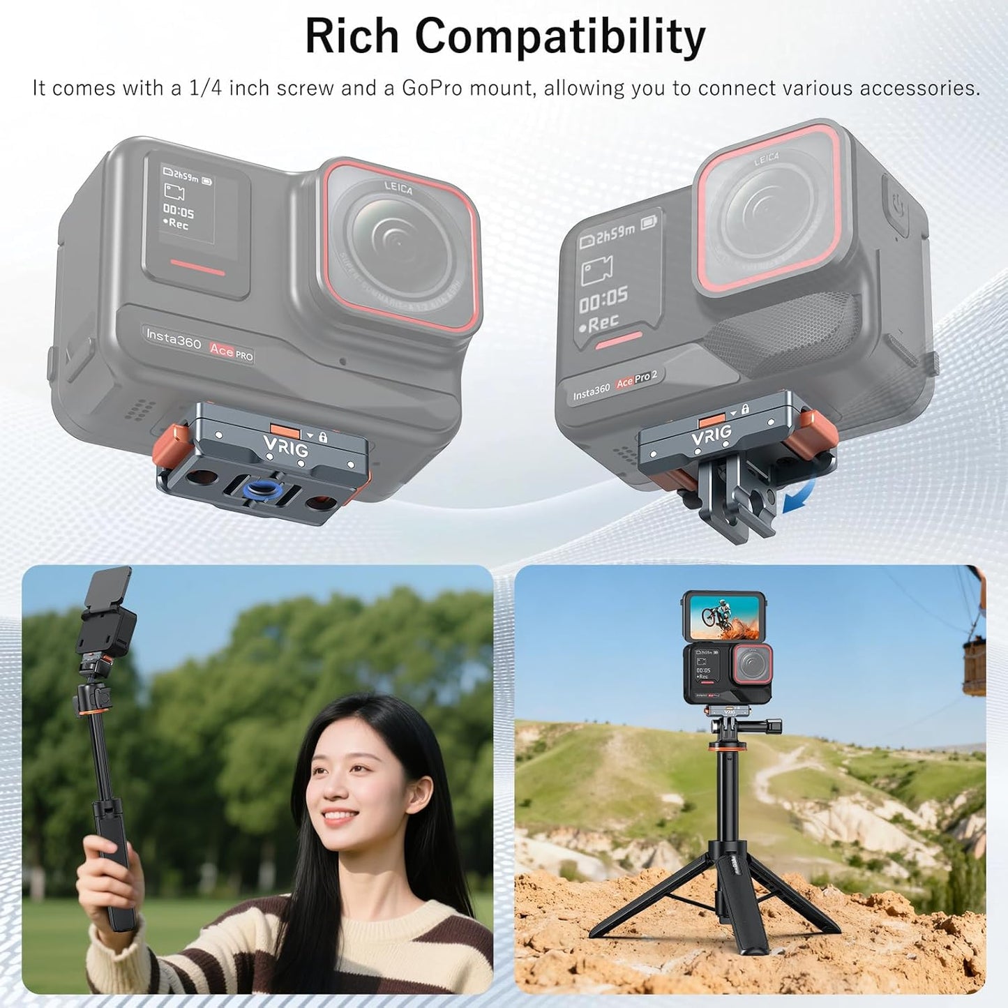 2.0, 360 X5/ X4 2/ 1/4 2-Prong AC-64 VRIG Safety Lock Quick Release Mount Aluminum Alloy Magnetic Base for Insta