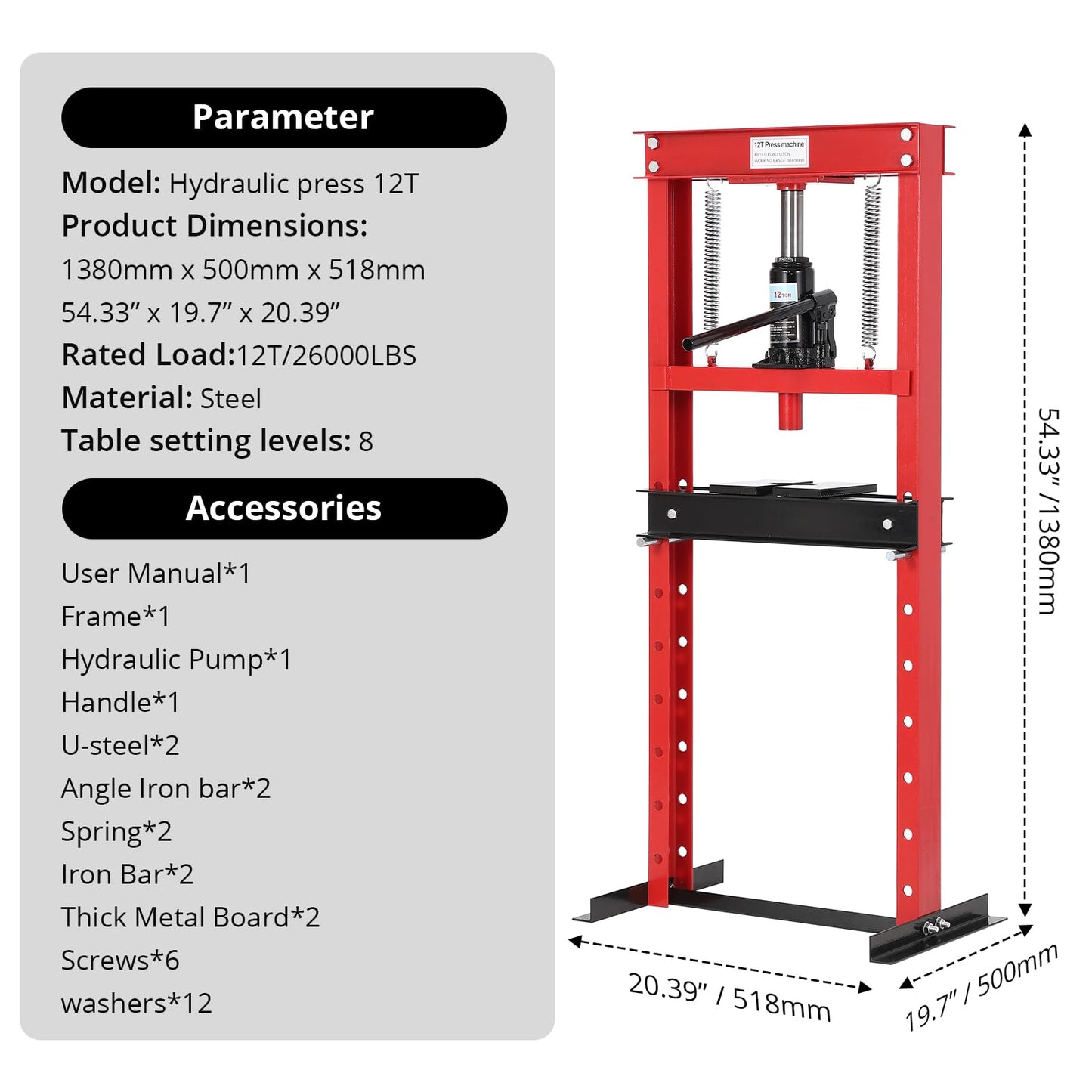GarveeTech 12 T Hydraulic Press, H-Frame Bearing Press, Adjustable Working Table Height, Strong Load Capacity, for Car Repair Garage