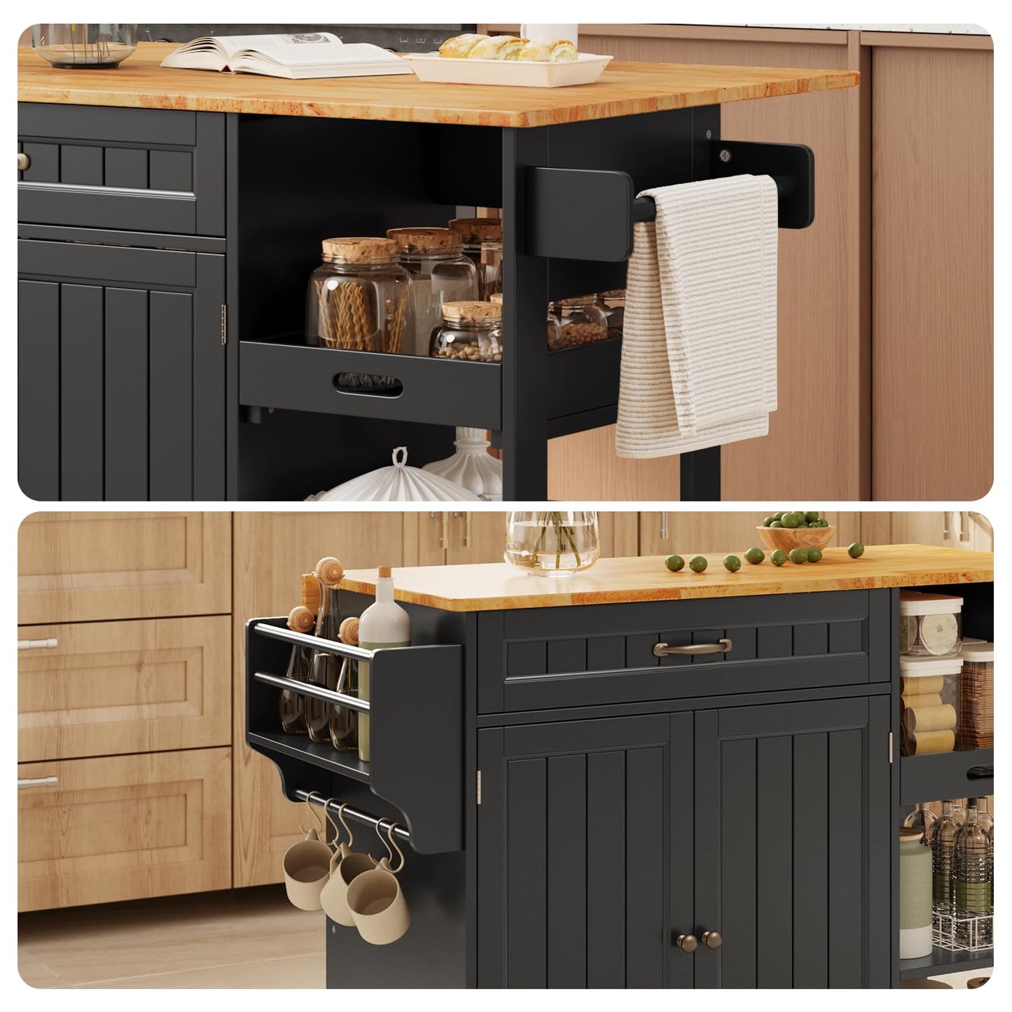 Gizoon Kitchen Island with Storage, Kitchen Island with Drop Leaf, 41.7’’W Rolling Dining Cart, Foldable Countertop, 5 Wheels, Refrigerator Door, Adjustable Shelves, Spice/Towel Rack, Black