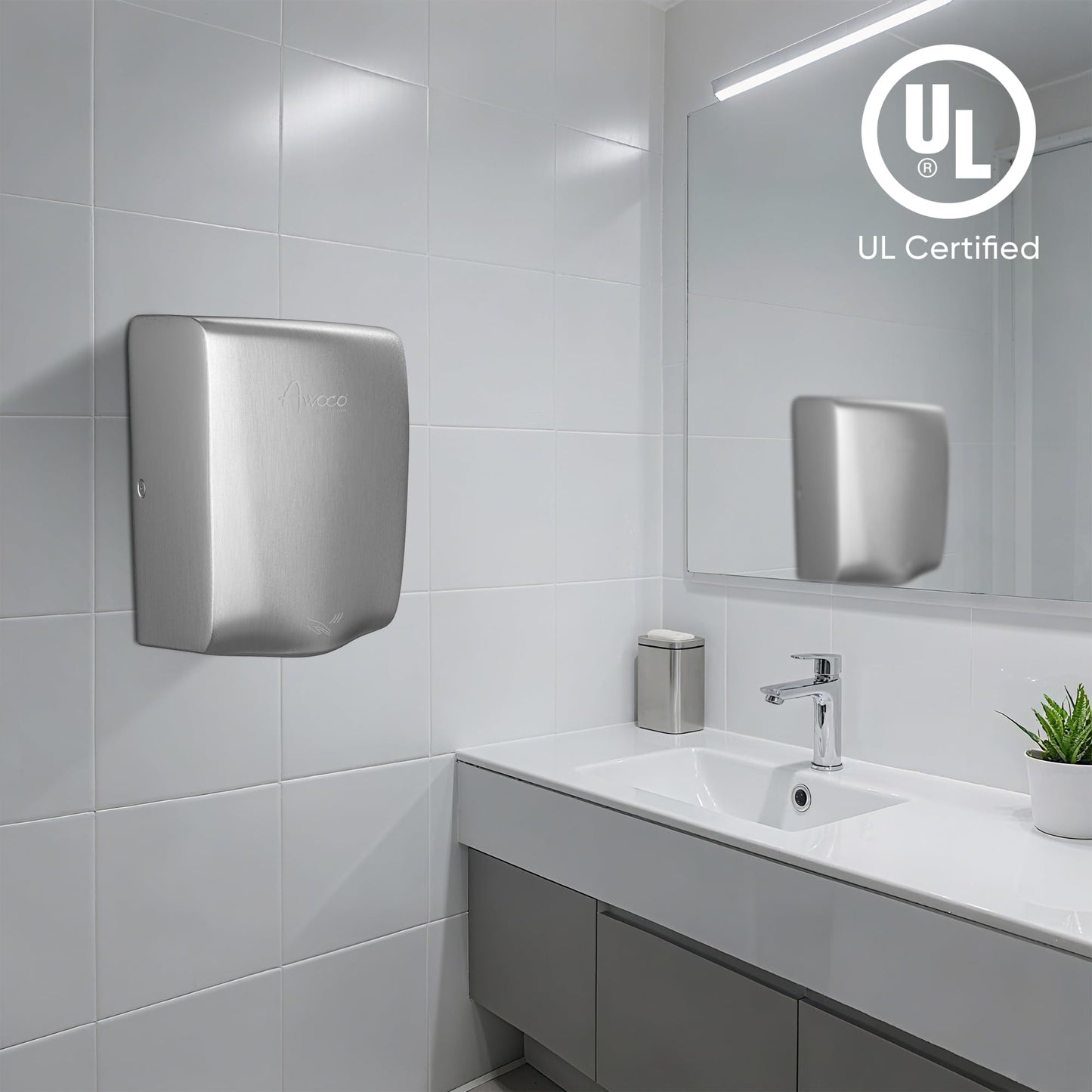 Awoco Compact Stainless Steel Automatic High Speed Commercial Hand Dryer, 1350W 120V UL Listed (Compact)