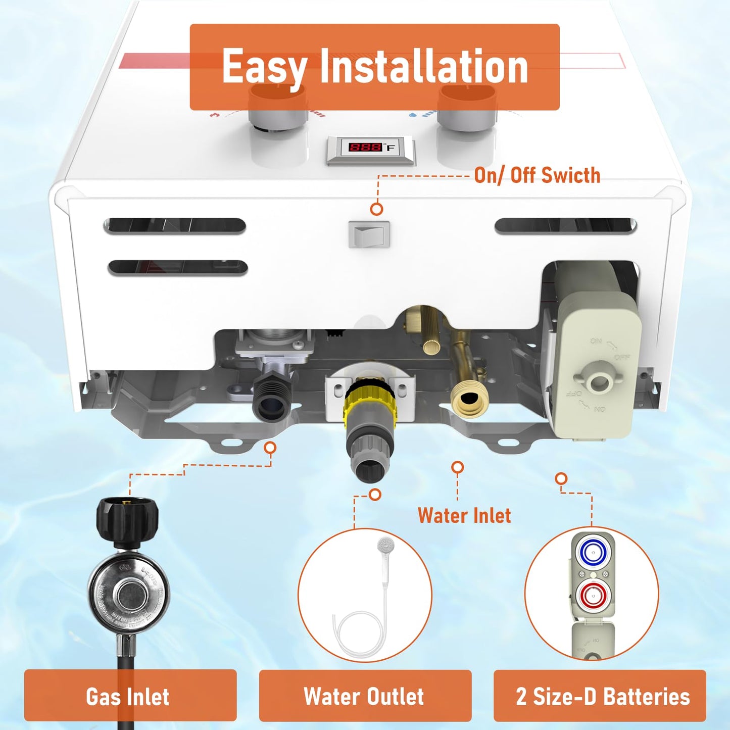 TOPWISH Portable Propane Water Heater Tankless, 8L 2.11GPM Instant Gas Hot Water Heater 54,500 BTU with Digital Display Handle Overheating Protection for Outdoor Camping RV Cabin Shower