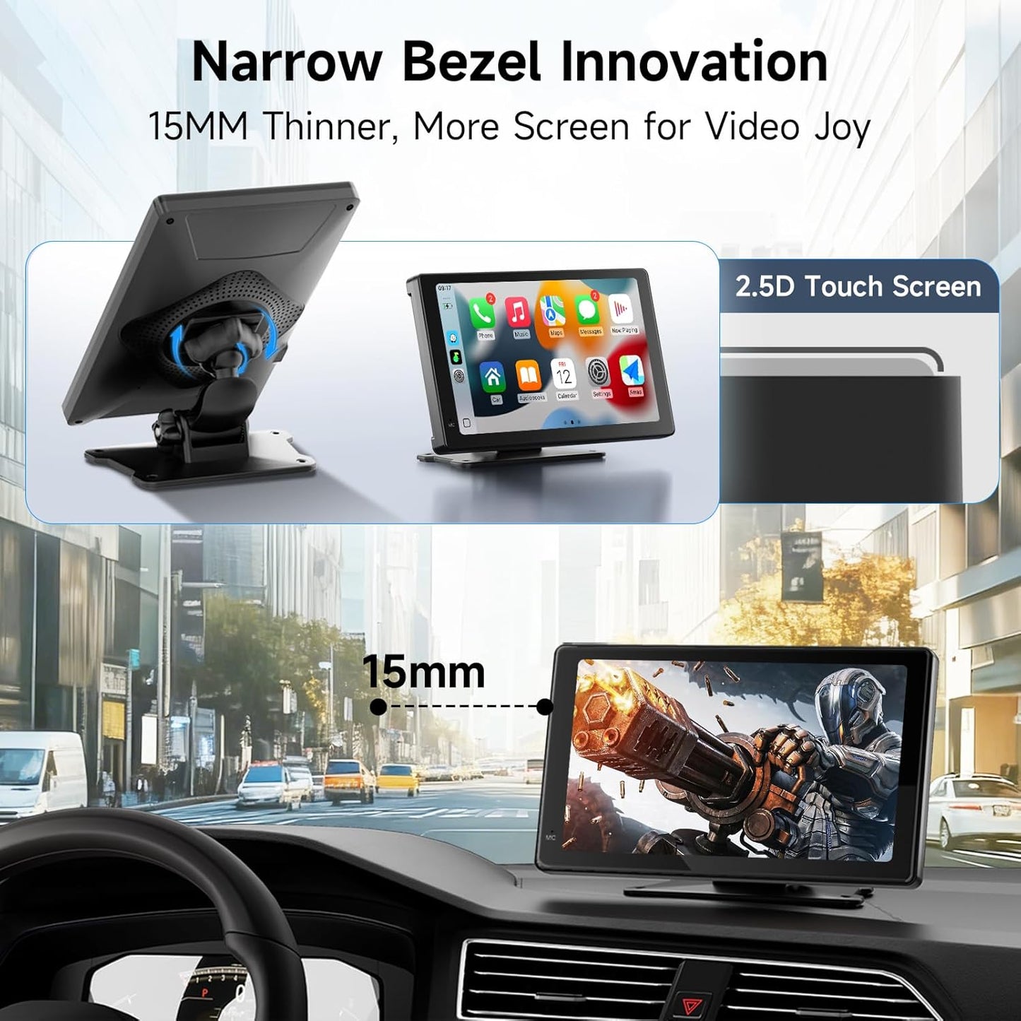 Haudio 7" 1080P Wireless CarPlay & Android Auto Screen for Car, Portable Car Stereo with Front & Rear Dash Cam, Backup