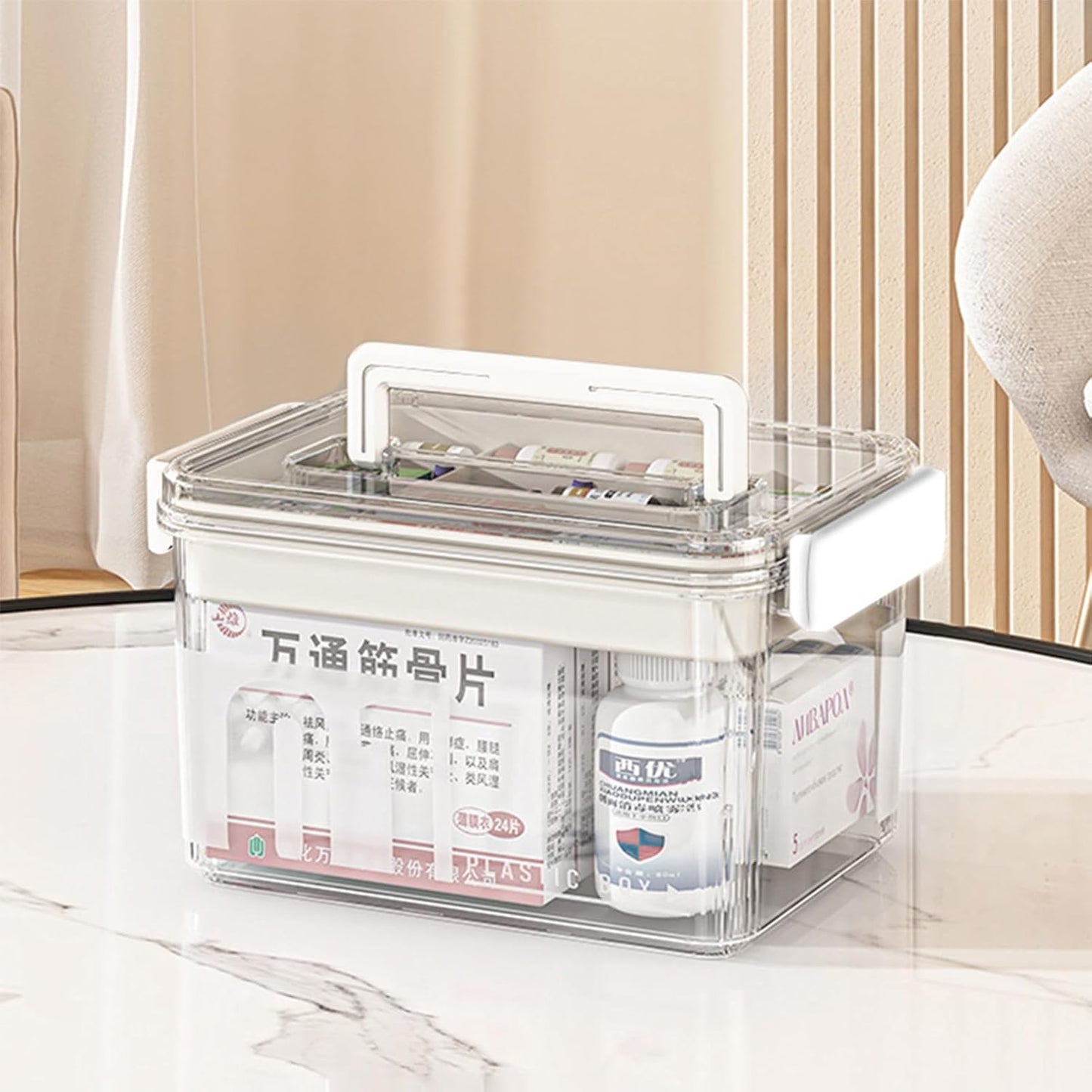Skiennix Medicine Storage Box - Clear Plastic Organizer with Removable Tray for Home & Travel