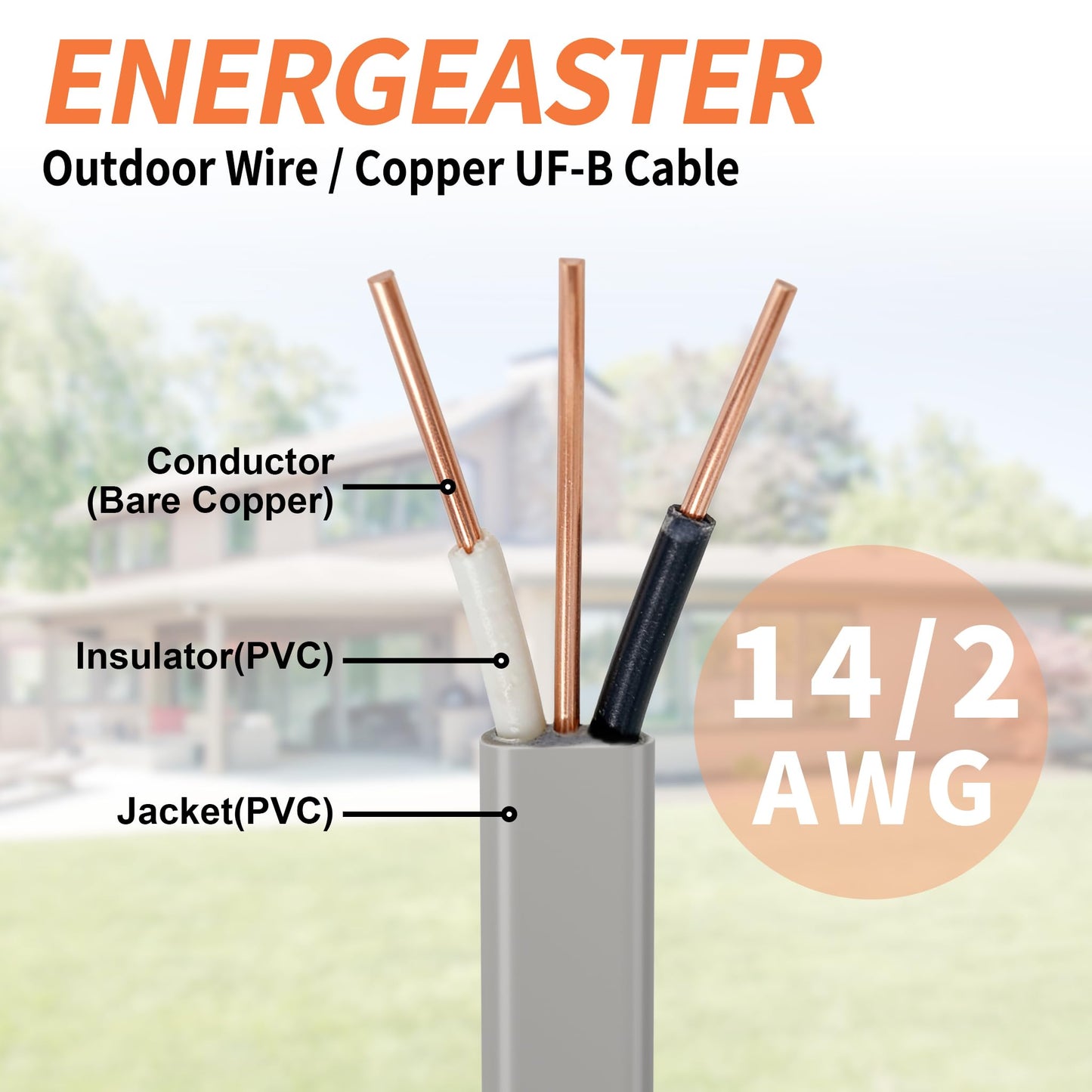 14/2 UF-B Wire 50FT Pure Copper Direct Burial Cable, Sunlight & Moisture Resistant, Ideal for Outdoor Lighting & Pump Installations & Residential Indoor Electrical Projects