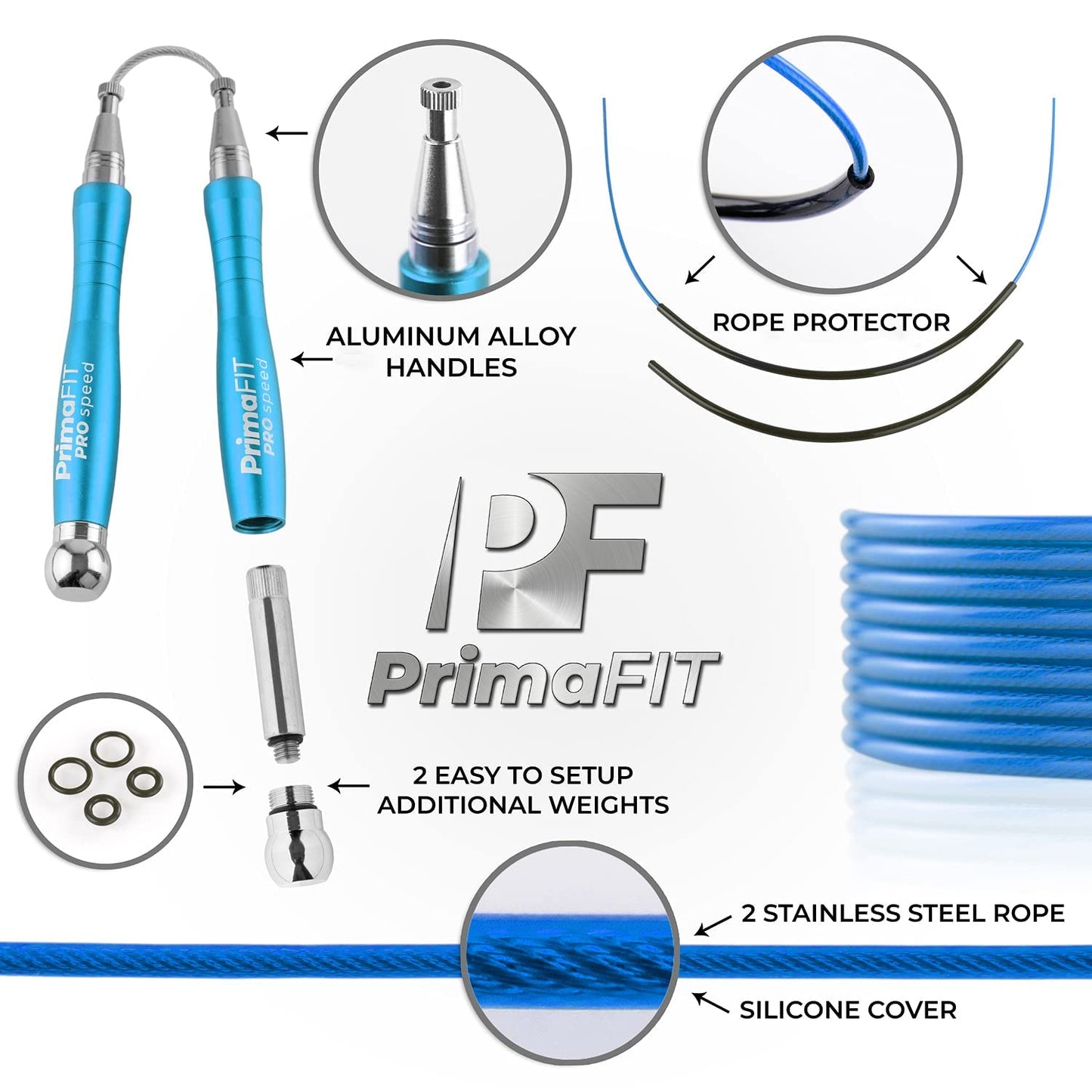 PrimaFIT Jump Rope Pro Speed Skipping Rope Adjustable Adult Jumping Rope Weighted Aluminium Handles for Double Dutch Boxing Workout Crossfit Exercise Fitness Spare Cable Weights Protectors Carry Bag